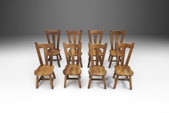 Set of Eight Belgian Brutalist Oak Dining Chairs, Belgium 1970s