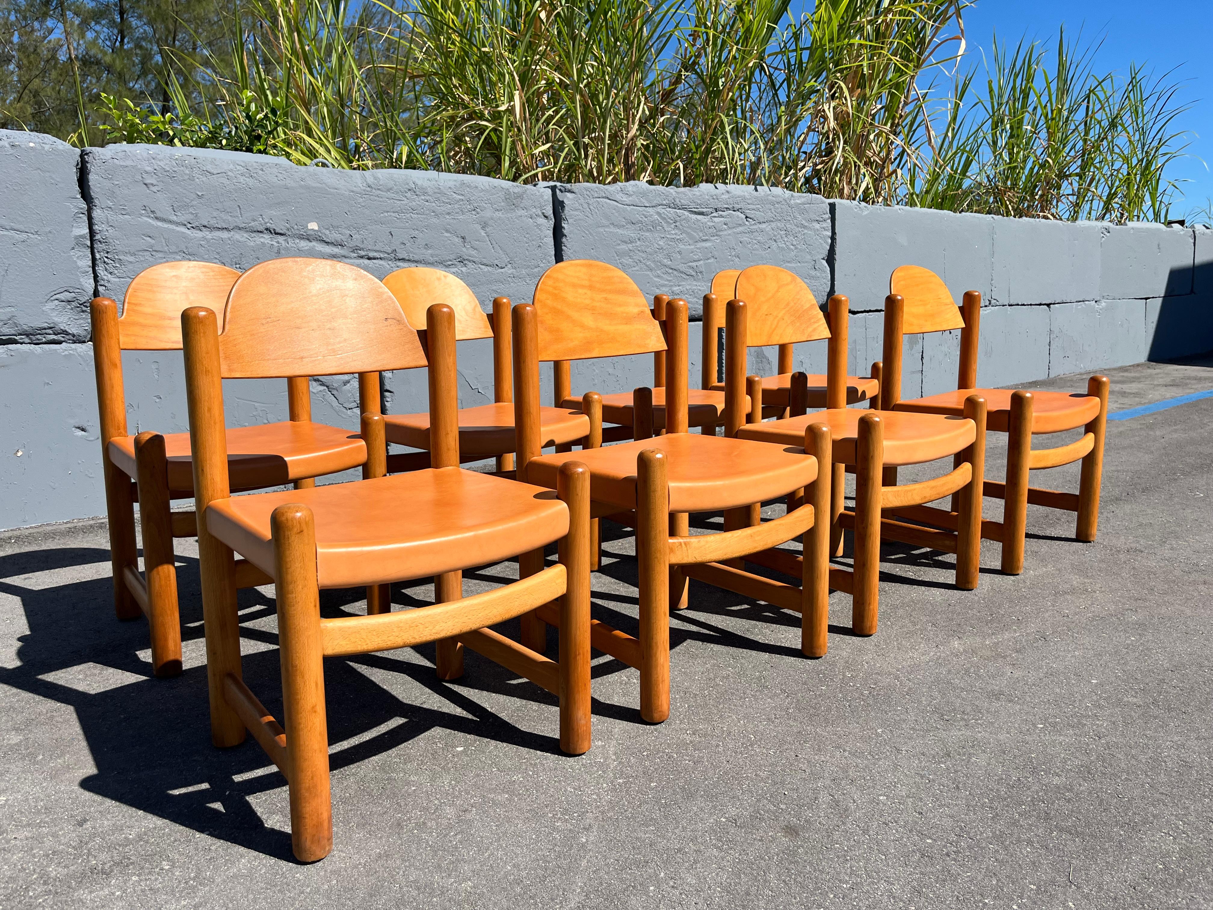 Set of Eight Birch and Leather Dining Chairs in the style of Charlotte Perriand For Sale 6