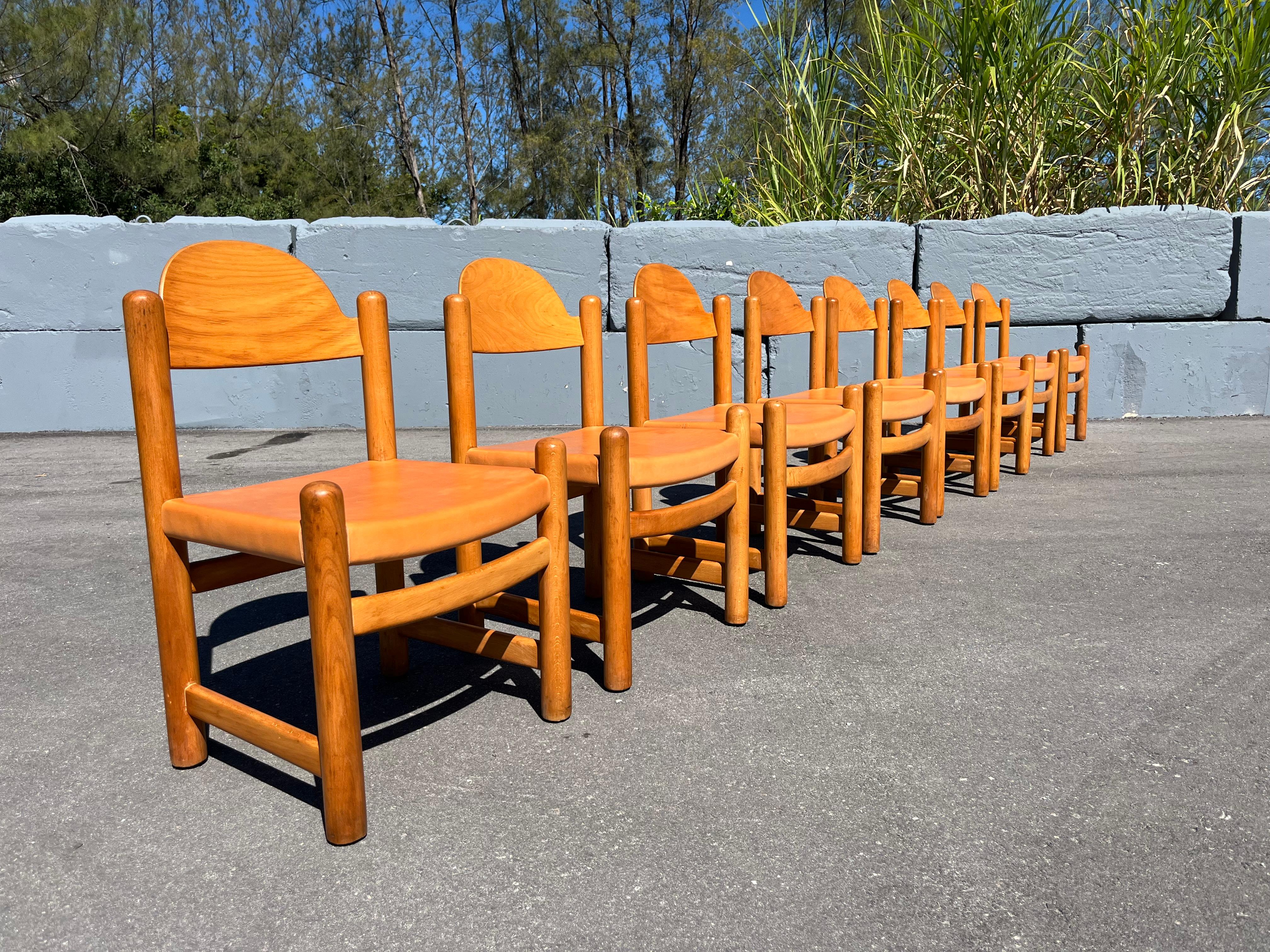 Mid-Century Modern Set of Eight Birch and Leather Dining Chairs in the style of Charlotte Perriand For Sale