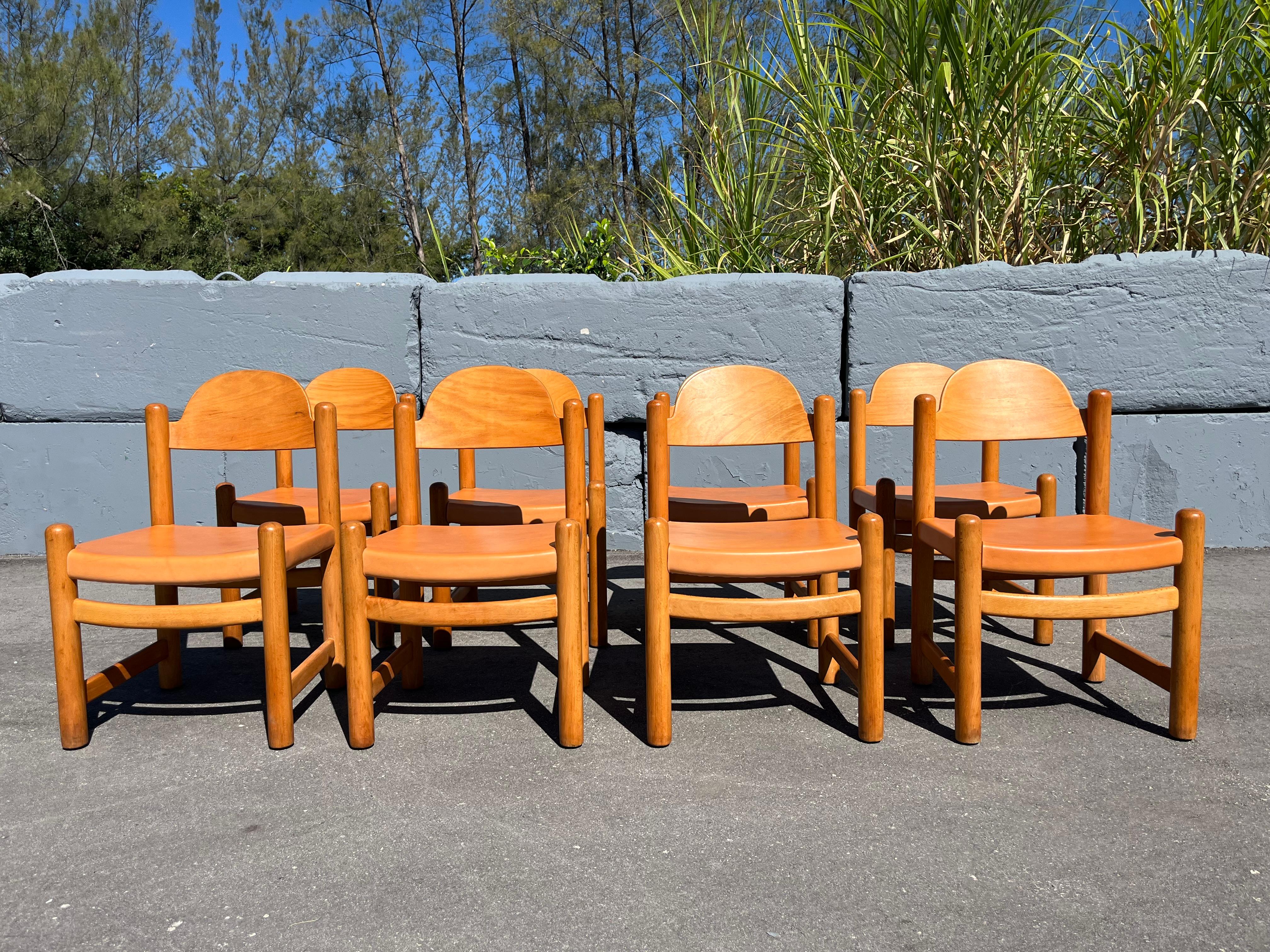 Set of Eight Birch and Leather Dining Chairs in the style of Charlotte Perriand In Good Condition For Sale In Miami, FL