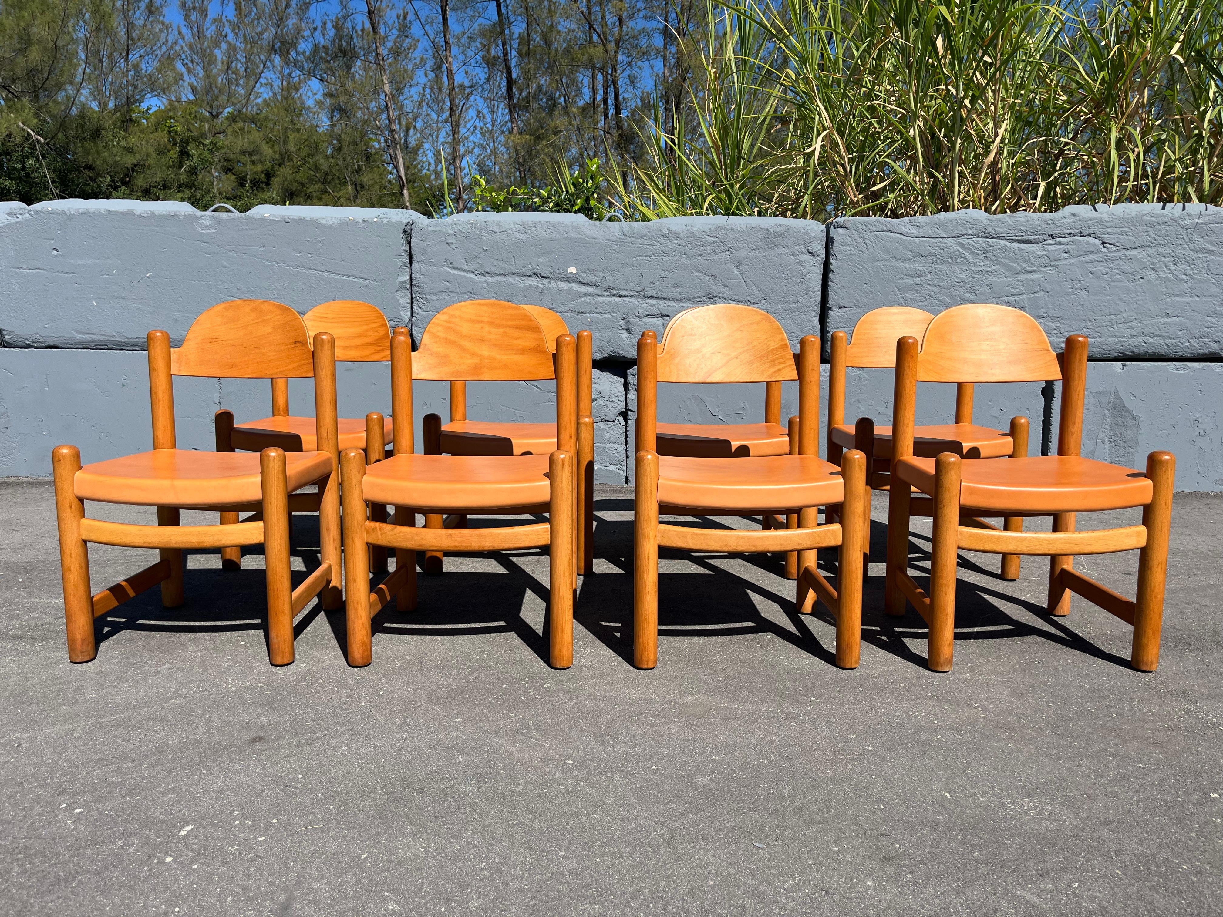 Late 20th Century Set of Eight Birch and Leather Dining Chairs in the style of Charlotte Perriand For Sale