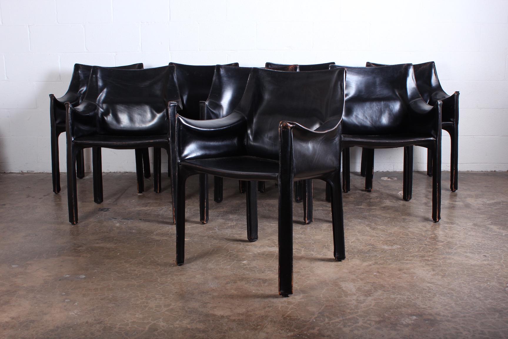 Set of Eight Black Cab Armchairs by Mario Bellini for Cassina In Fair Condition In Dallas, TX