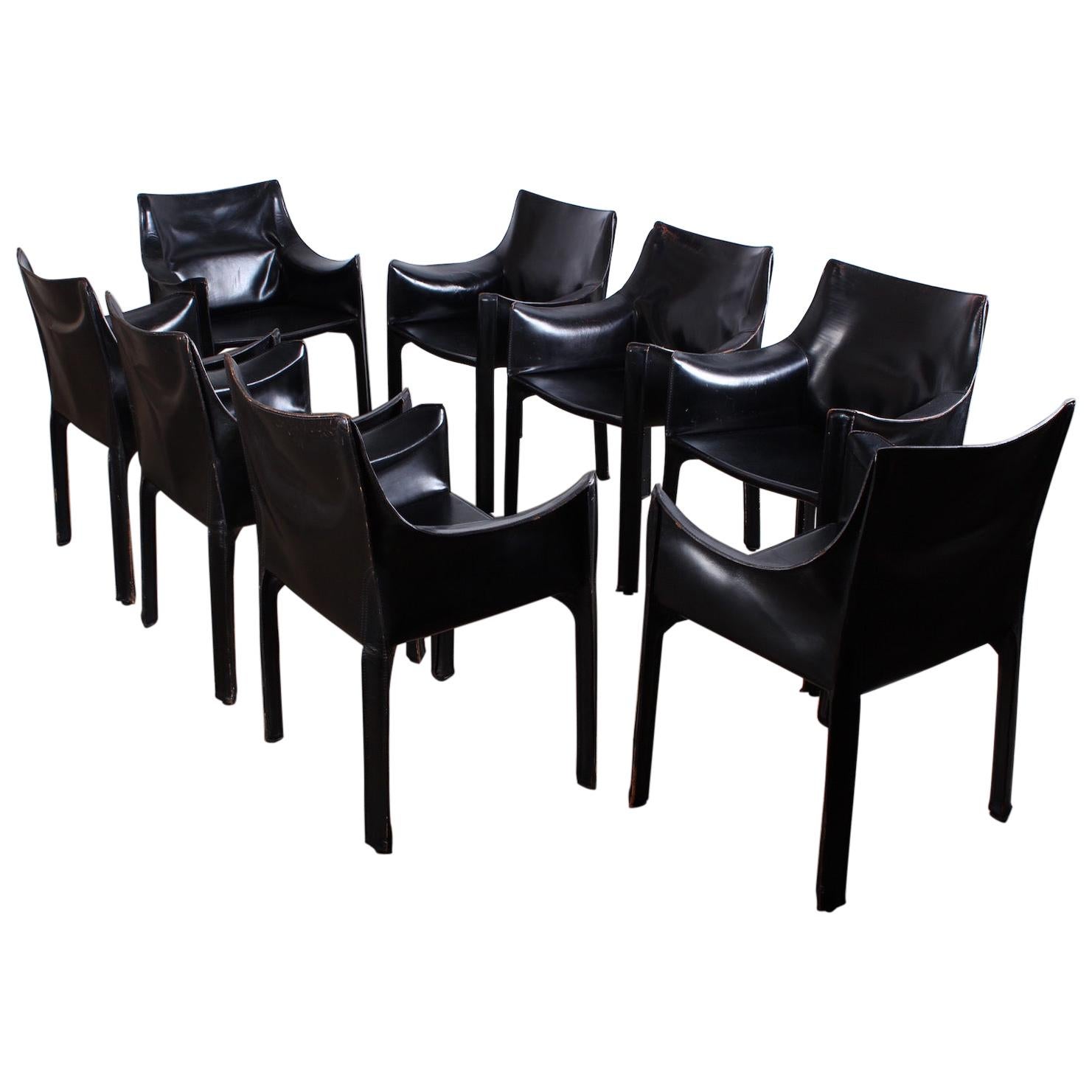 Set of Eight Black Cab Armchairs by Mario Bellini for Cassina