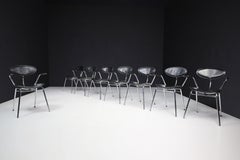 Set of Eight Black Leather and Chrome steel Dining Room Chairs, Italy 1970s