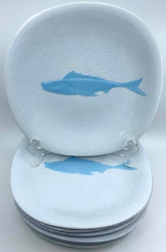 Set of Eight Blue and White Majolica Fish Plates