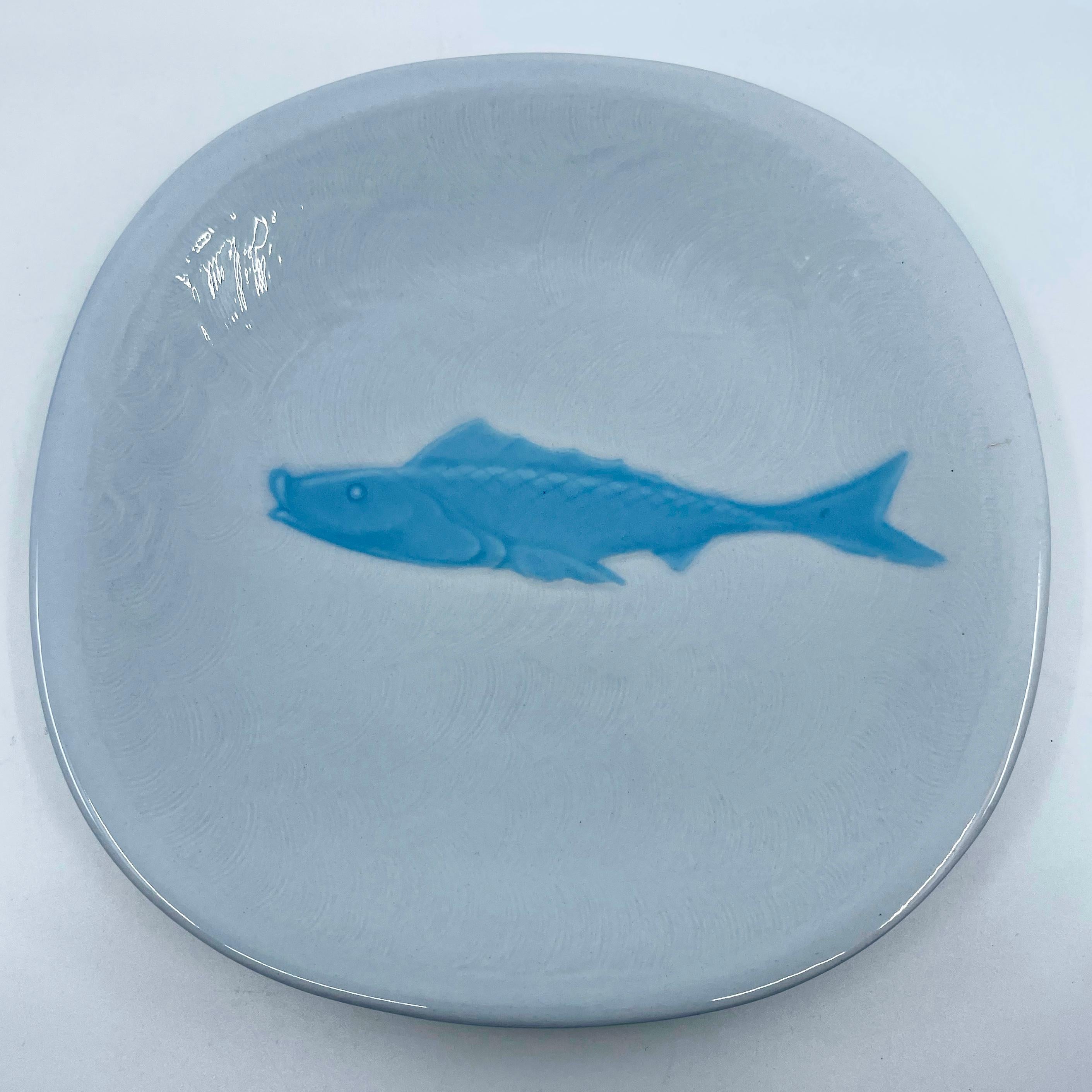 Painted Set of Eight Blue and White Majolica Fish Plates For Sale