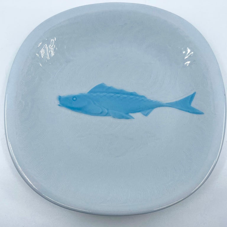 Set of Eight Blue and White Majolica Fish Plates For Sale at 1stDibs