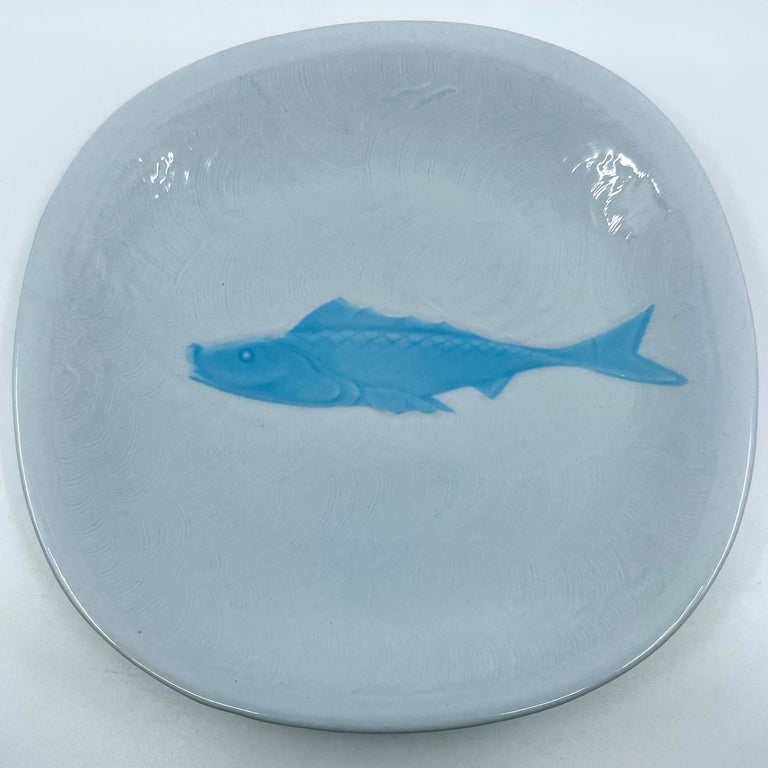 Set of Eight Blue and White Majolica Fish Plates For Sale at 1stDibs