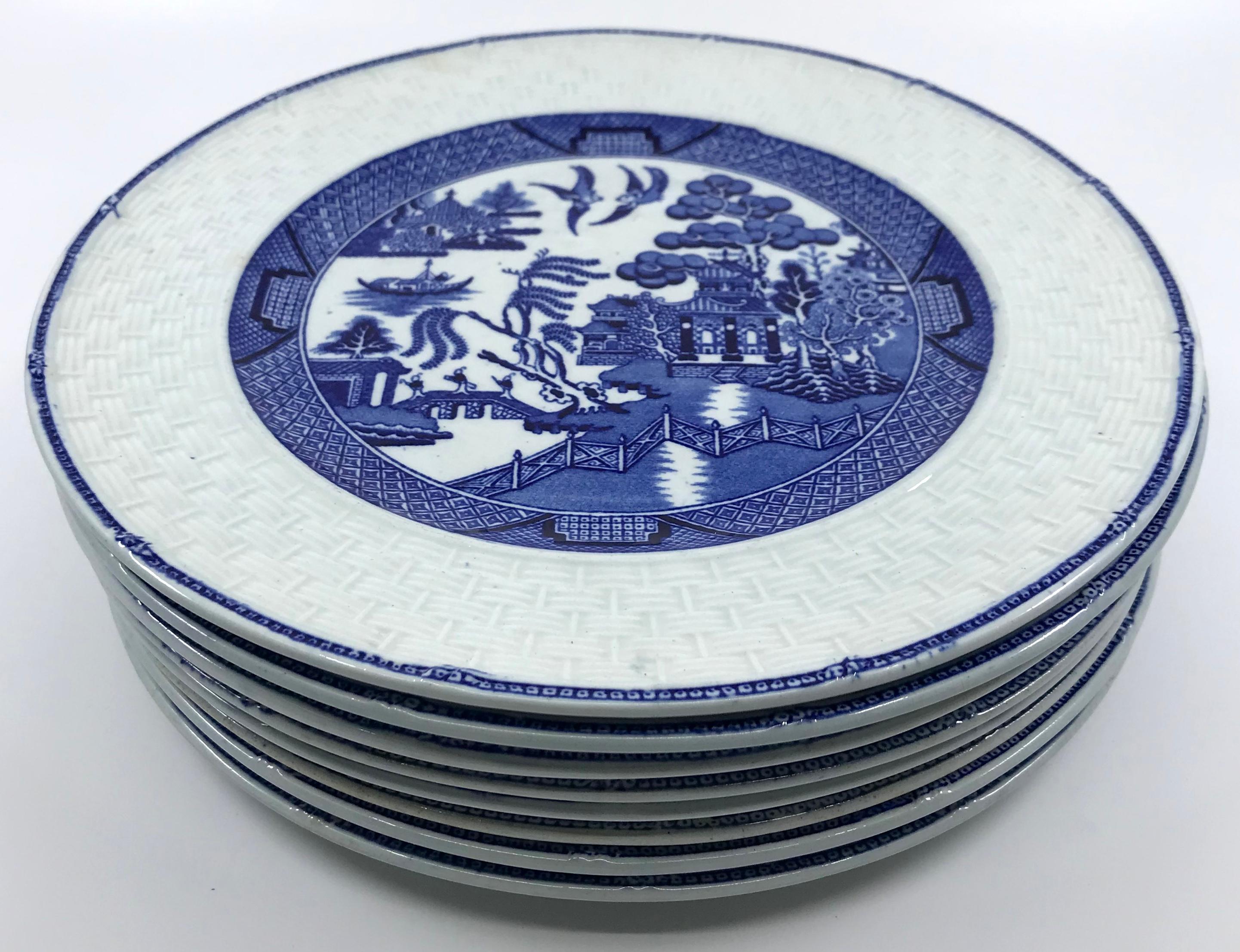 Set of Eight Blue and White Willow Basketweave Plates For Sale 1