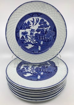 Set of Eight Blue and White Willow Basketweave Plates