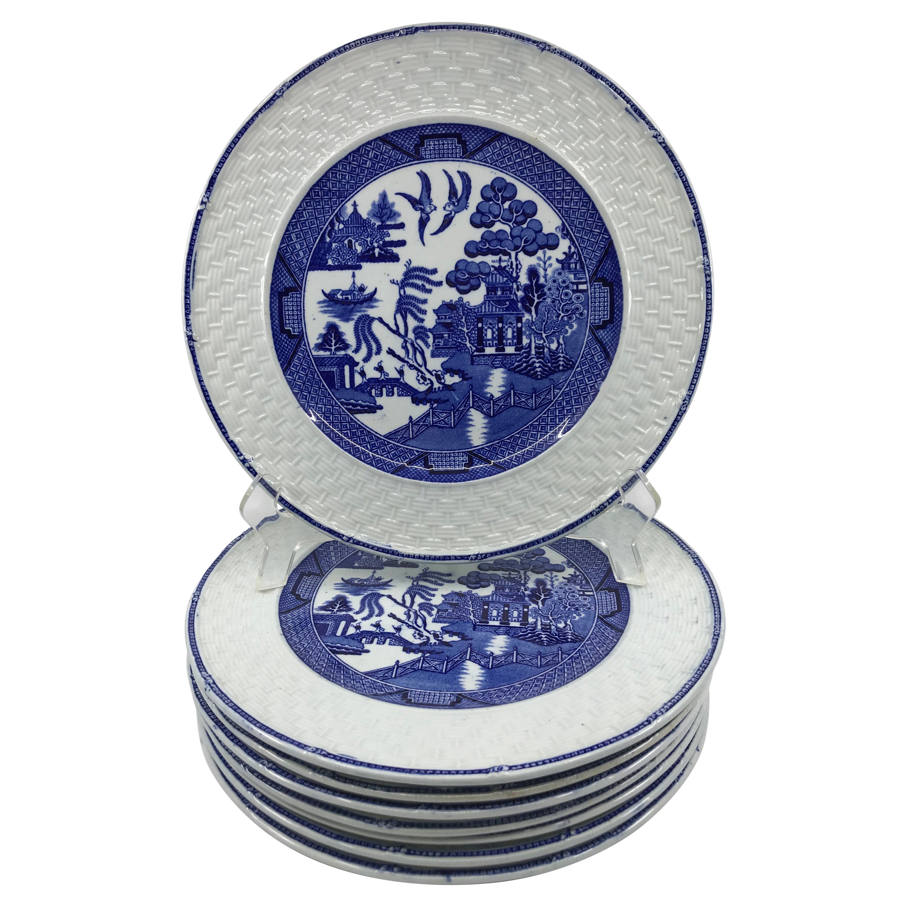 Set of Eight Blue and White Willow Basketweave Plates