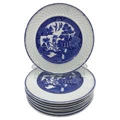 Set of Eight Blue and White Willow Basketweave Plates