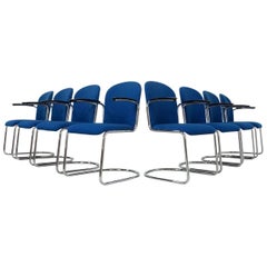 Set of Eight Blue Cantilever Chairs from WH Gispen Model 413 R, Dutch Originals