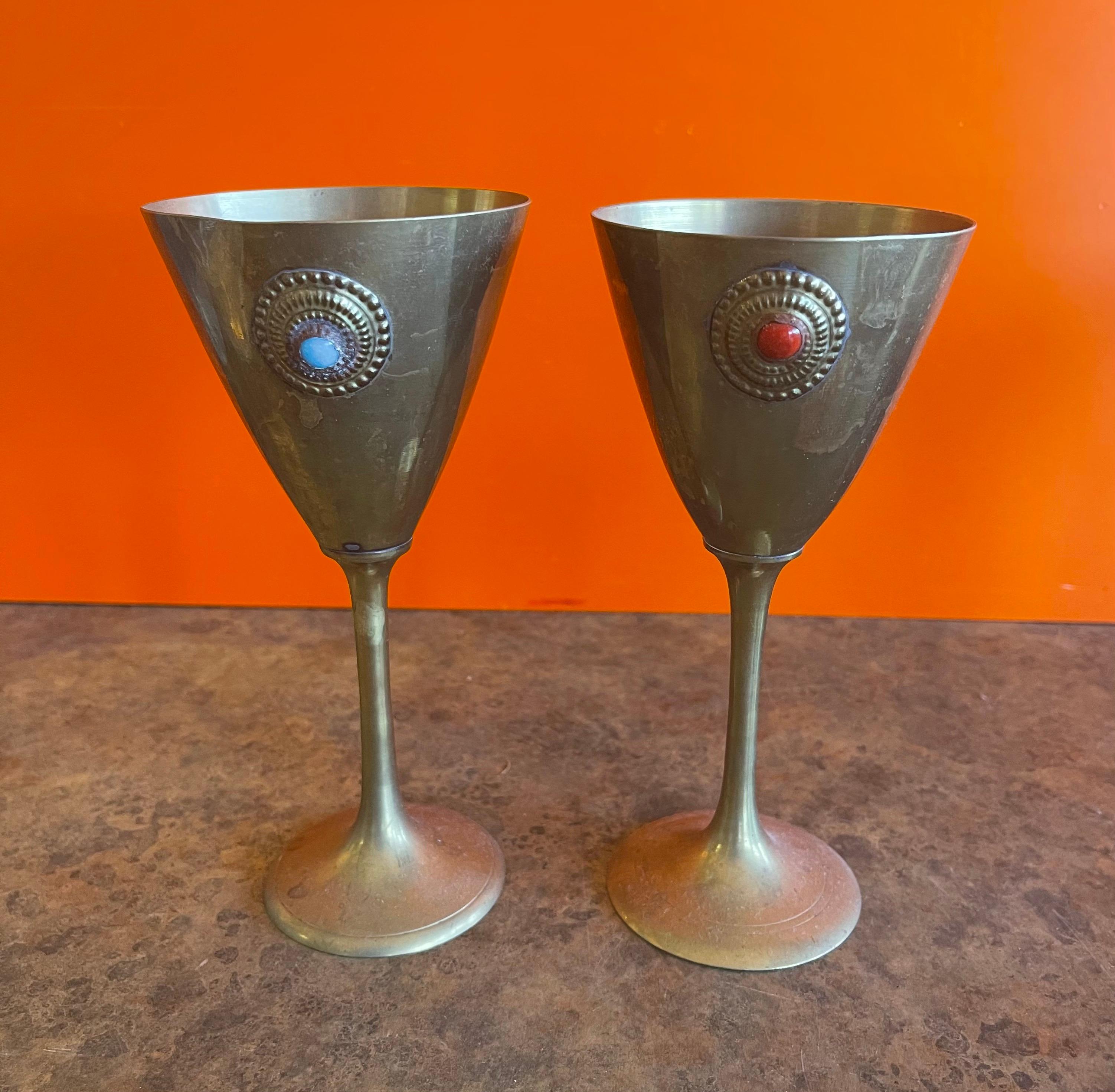 Set of Eight Brass Water / Wine Goblets with Stone Accent In Good Condition For Sale In San Diego, CA