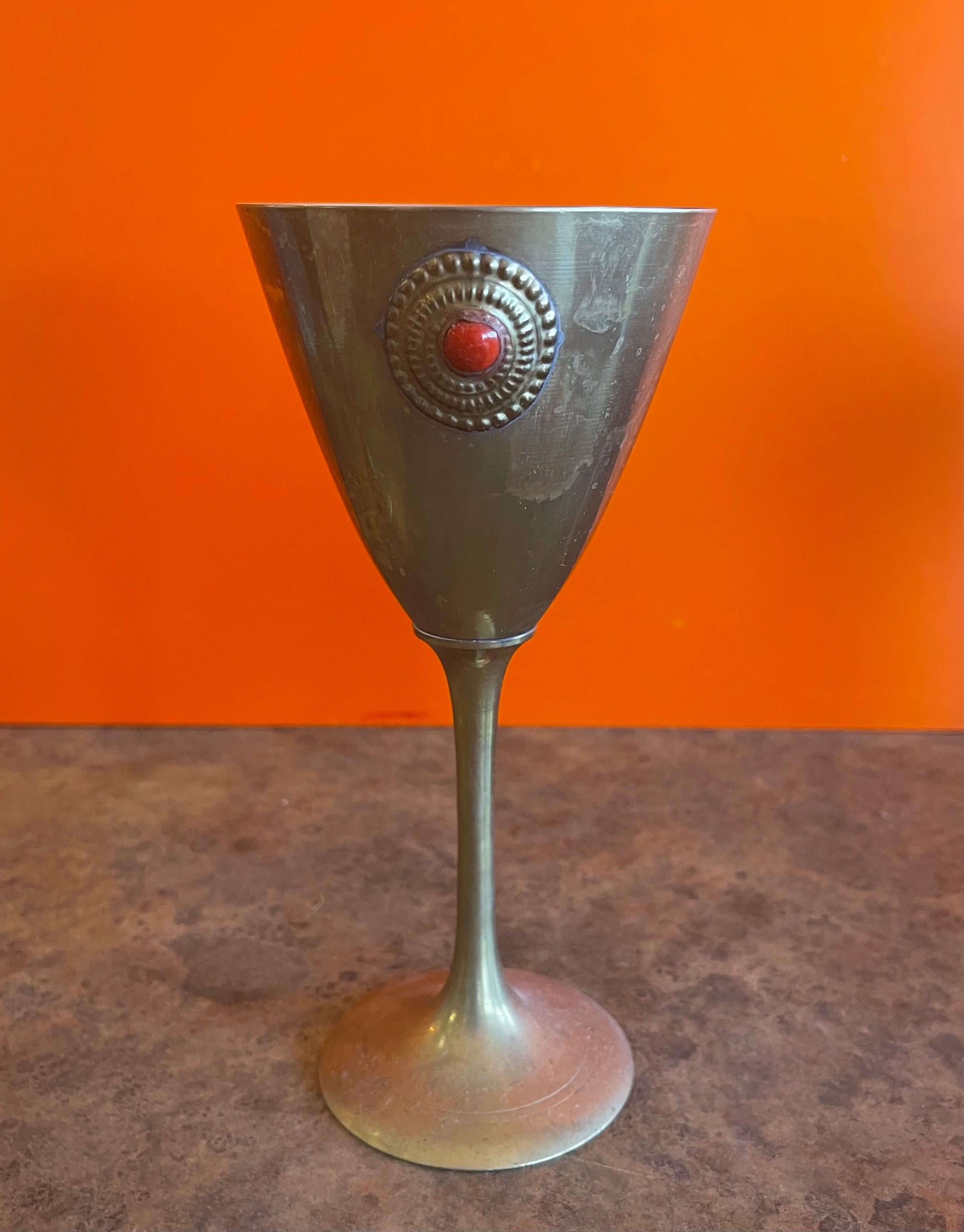 20th Century Set of Eight Brass Water / Wine Goblets with Stone Accent For Sale