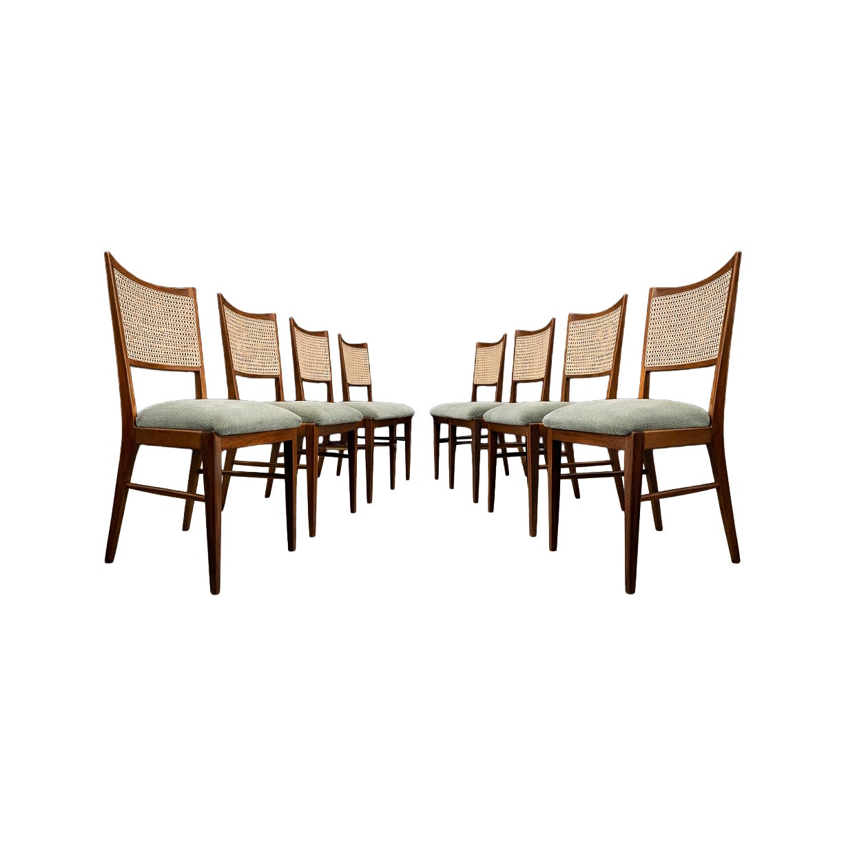 Set of Eight Brazilian Modern Dining Chairs in Caviúna, Cane & Chenille, 1960s