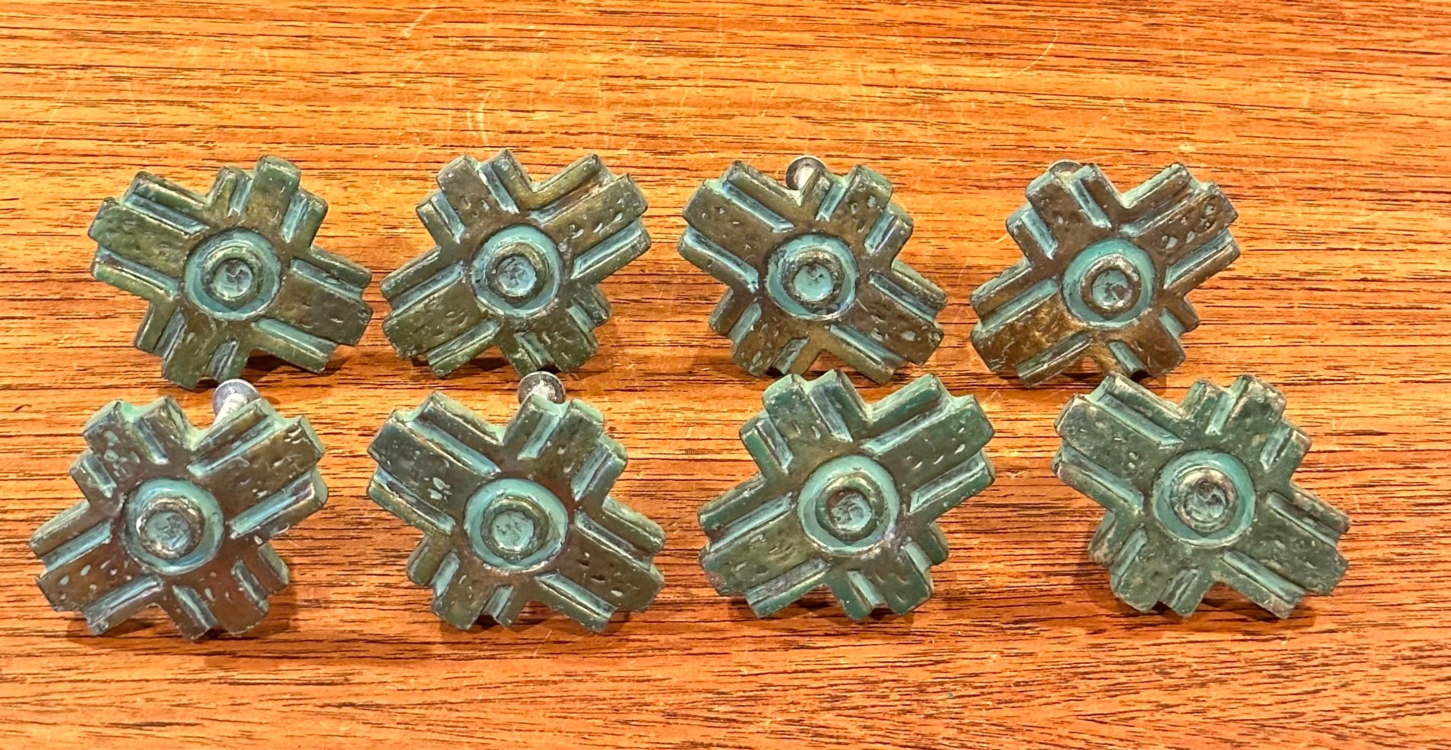 Set of Eight Bronze Verdigris Pull Handles In Good Condition For Sale In San Diego, CA