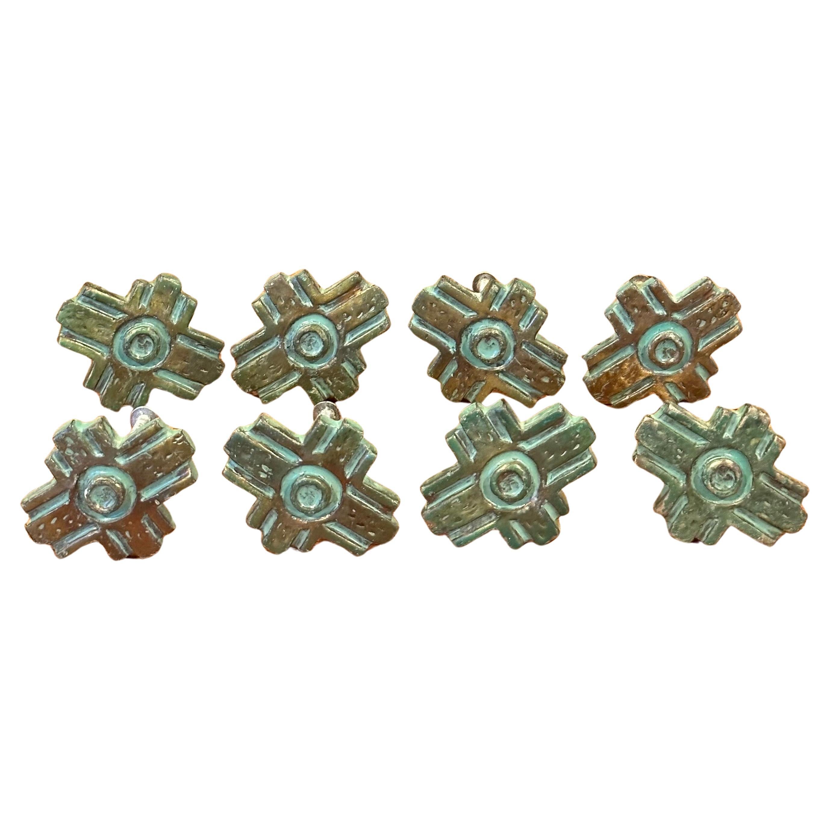 Set of Eight Bronze Verdigris Pull Handles For Sale