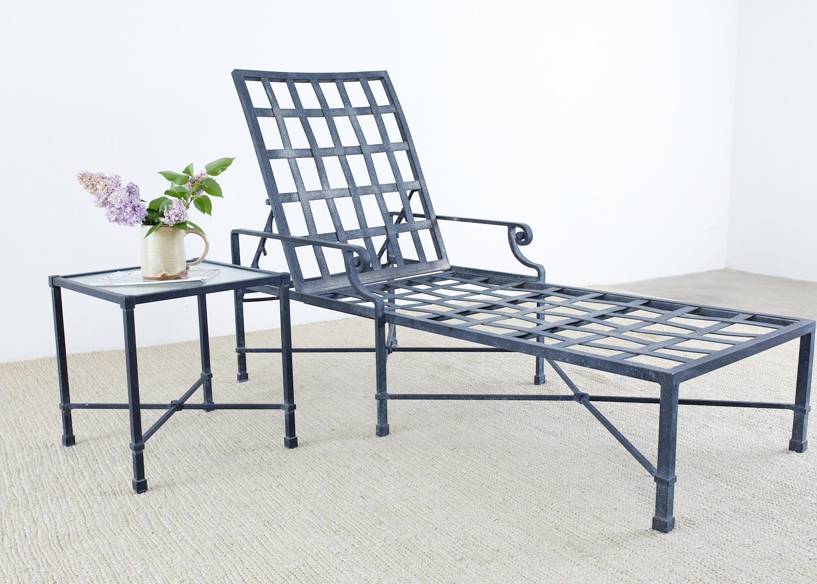 Stylish aluminum patio and garden chaise lounges made by Brown Jordan. From the Venetian collection featuring a lattice seat and adjustable back with decorative scrolled arms. The lounges have a powder coated multi step finish with metallic flecks.