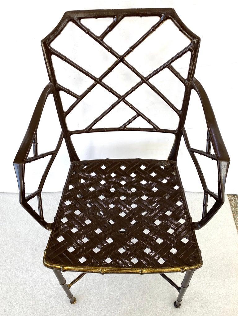 This stylish and classic set of eight chairs date to the 1960s-1970s and are known as Calcutta by Brown Jordan.

Note: They are powdercoated in a chocolate brown.

Note: One chair has gold highlights to the finish (see last three images). 