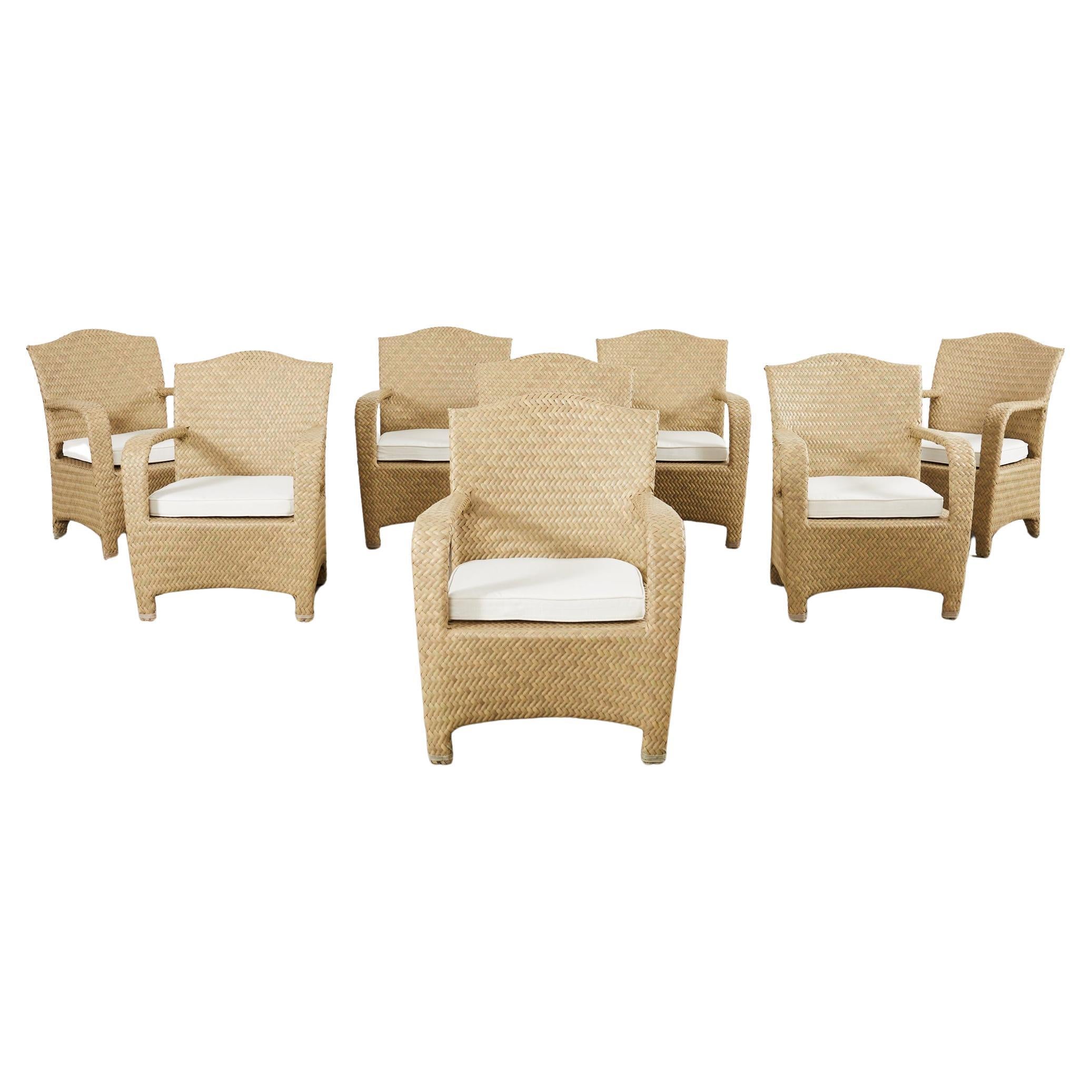 Set of Eight Brown Jordan Wicker Havana Garden Armchairs For Sale