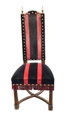 Set of Eight Brutalist Chairs in Oak, Brass and Velvet, circa 1950