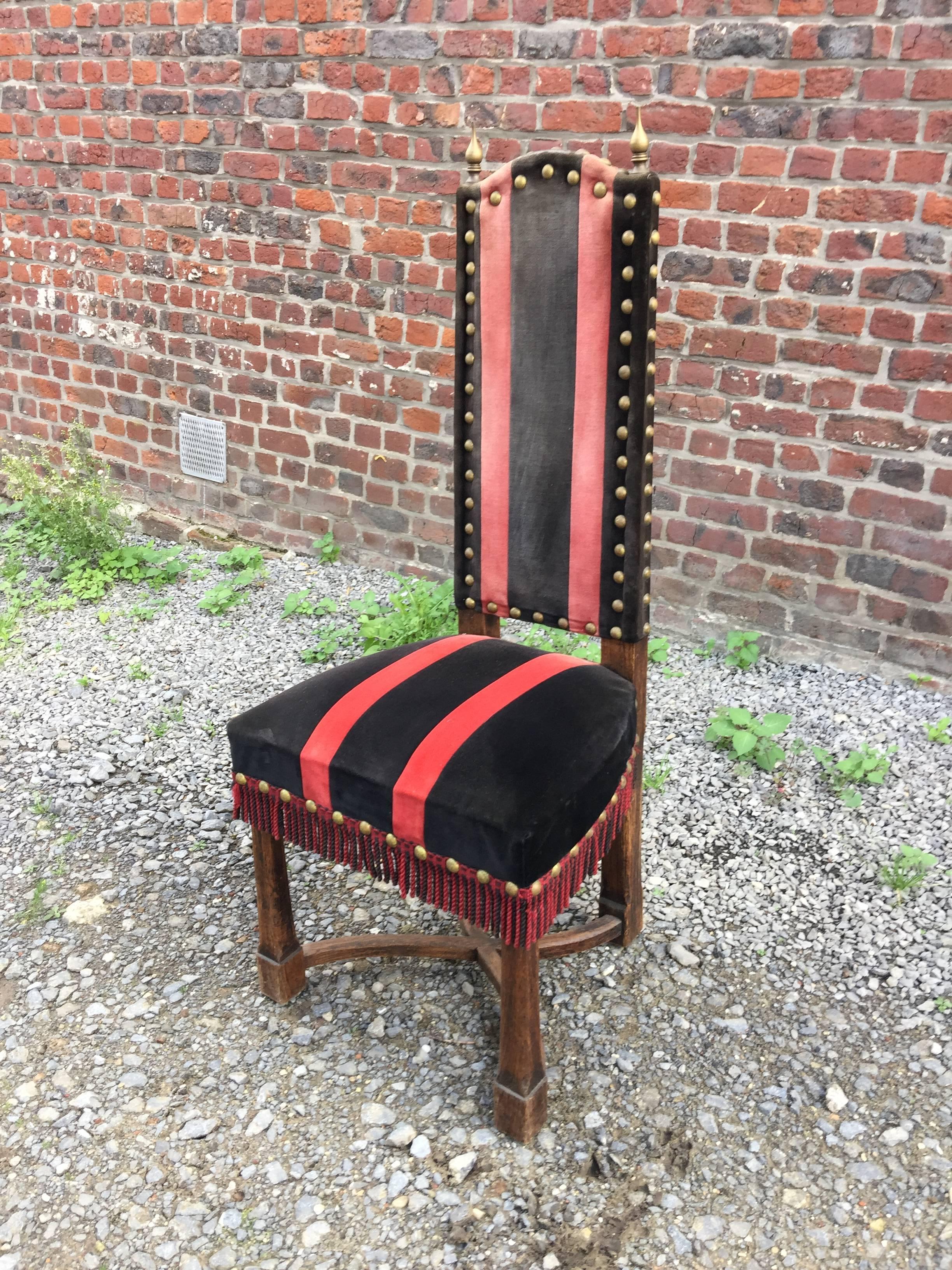 Mid-20th Century Set of Eight Brutalist Chairs in Oak, Brass and Velvet, circa 1950 For Sale