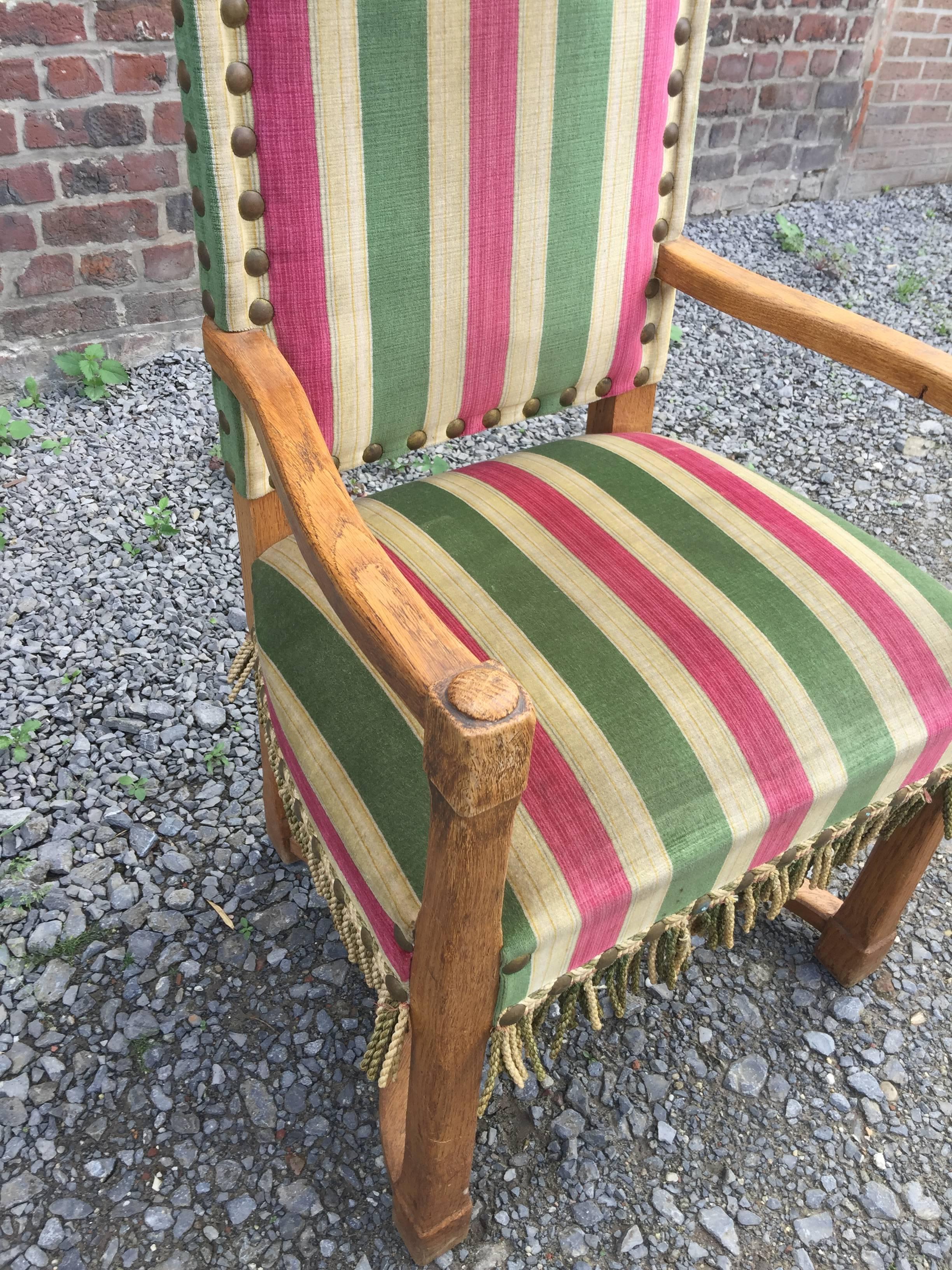 Set of Eight Brutalist Chairs in Oak, Brass and Velvet, circa 1950 For Sale 3