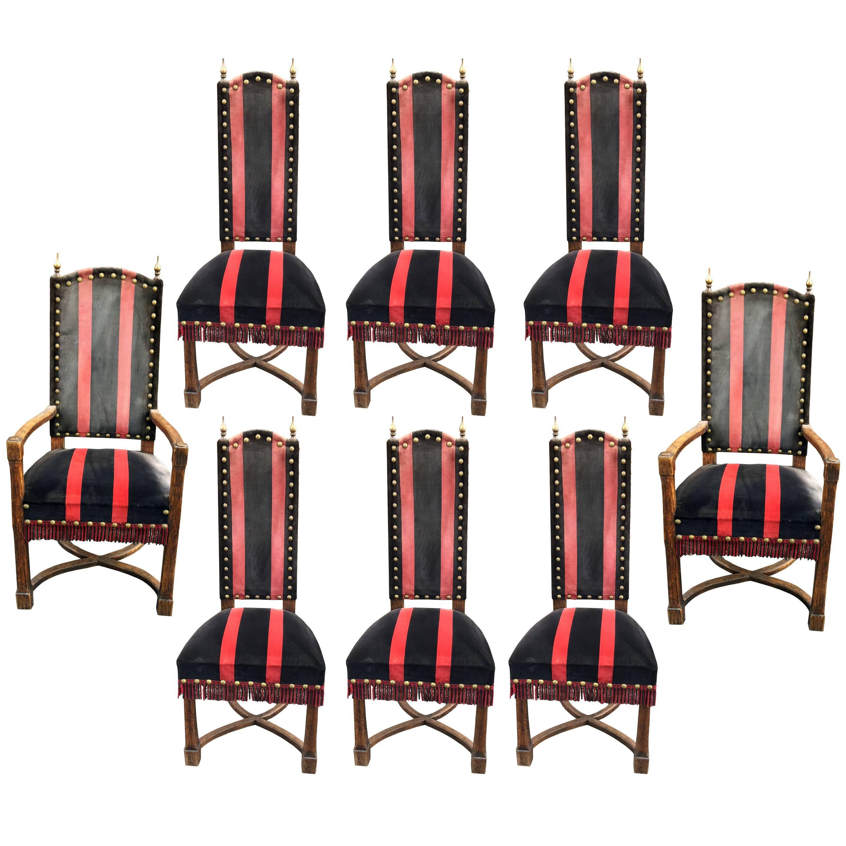 Set of Eight Brutalist Chairs in Oak, Brass and Velvet, circa 1950
