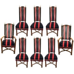 Set of Eight Brutalist Chairs in Oak, Brass and Velvet, circa 1950