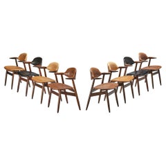 Set of Eight ‘Bullhorn’ Armchairs in Teak and Leather