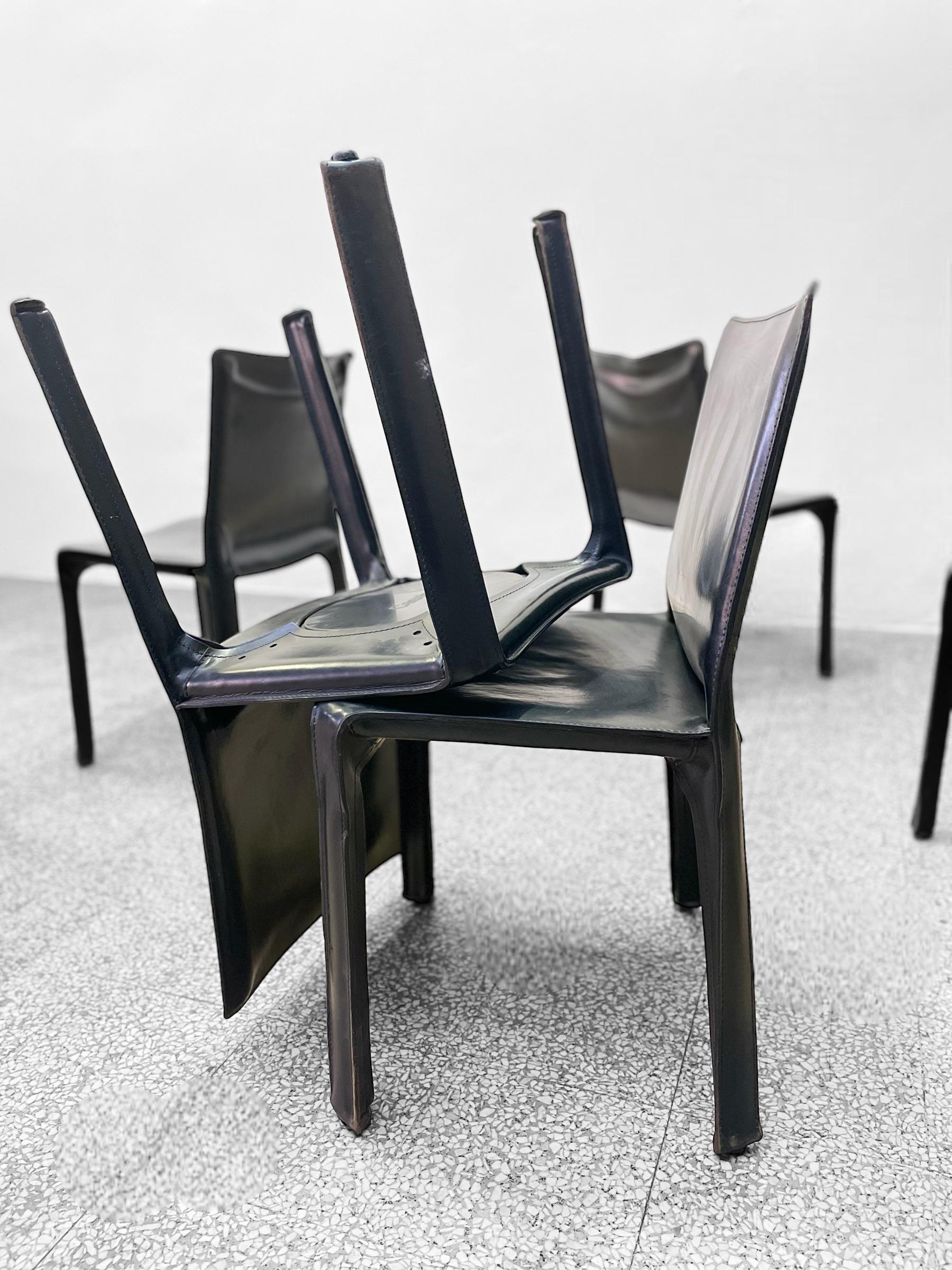 Mid-Century Modern Set of Eight CAB 412 Chairs by Mario Bellini for Cassina in Black Leather, 1970s