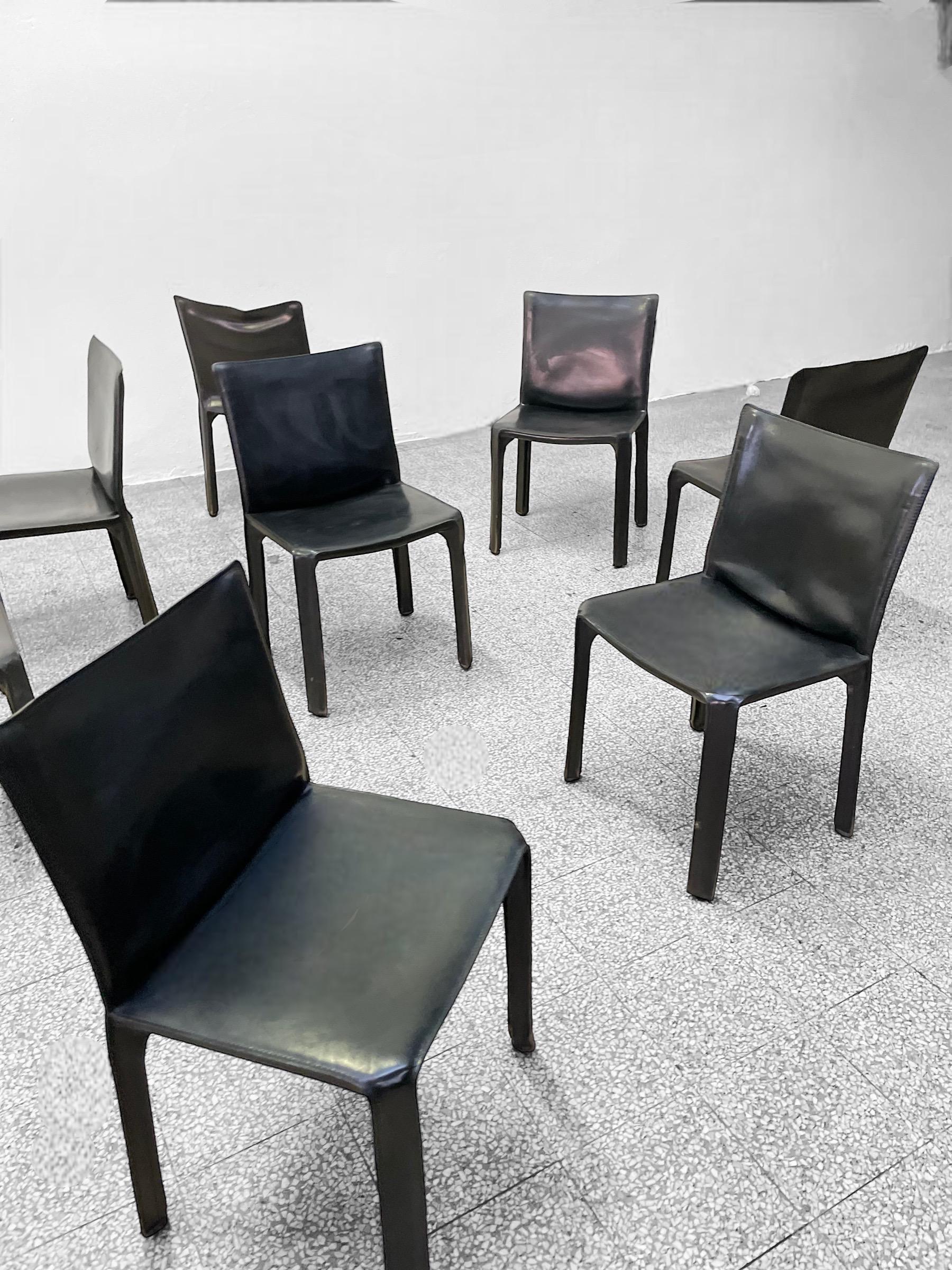 Italian Set of Eight CAB 412 Chairs by Mario Bellini for Cassina in Black Leather, 1970s