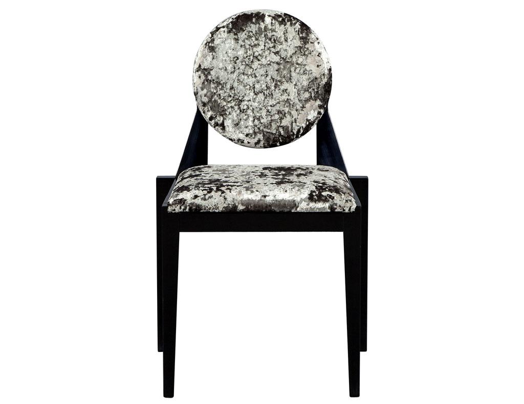 These Art Deco style dining chairs are part of the Carrocel custom collection and are an exclusive set. They are a testament to the true French origins of Art Deco, with a circular back panel upholstered in a designer silver, Luxe crushed velvet,