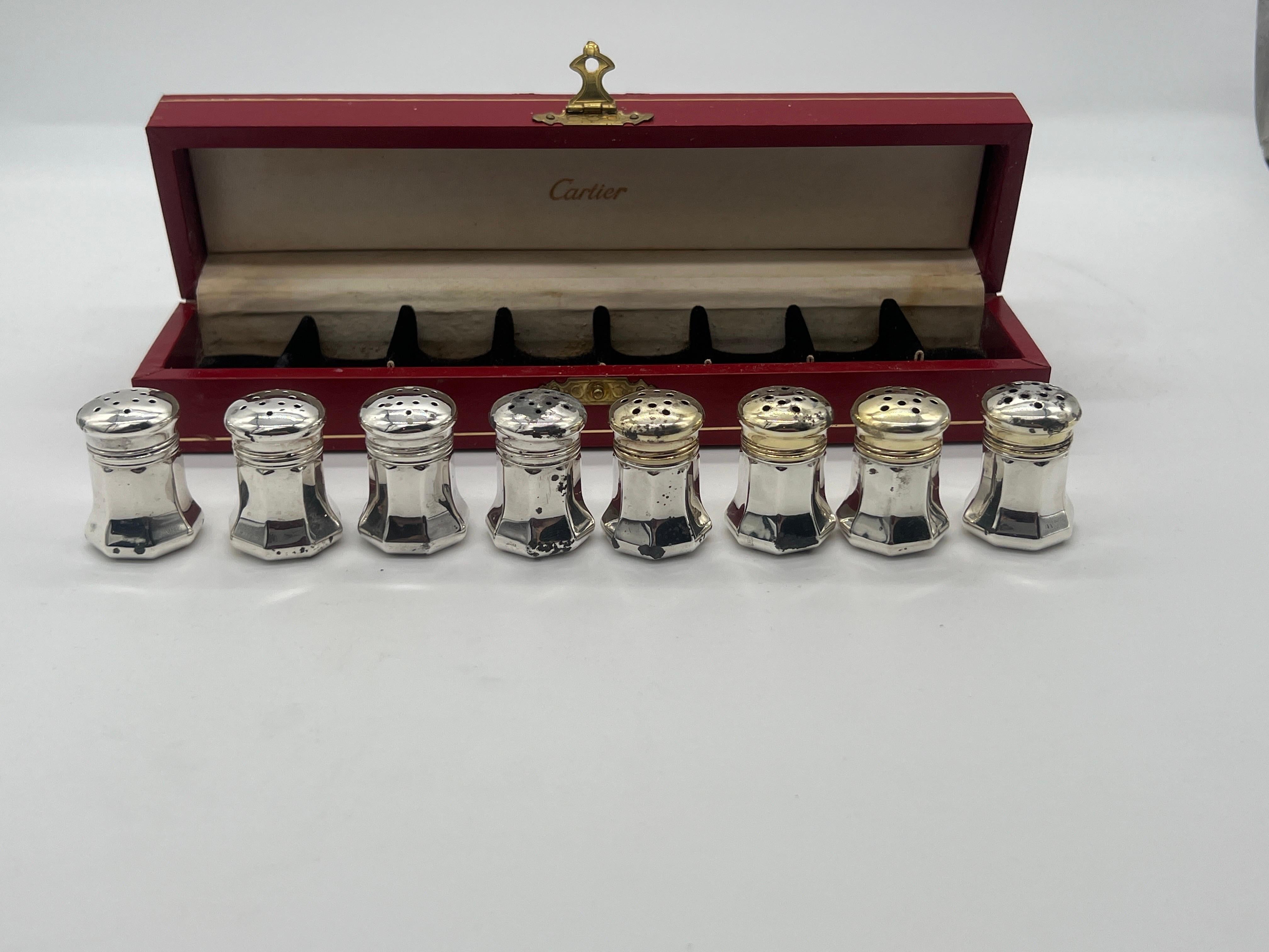 French Set of Eight Cartier Miniature Sterling Silver Salt and Pepper Shakers