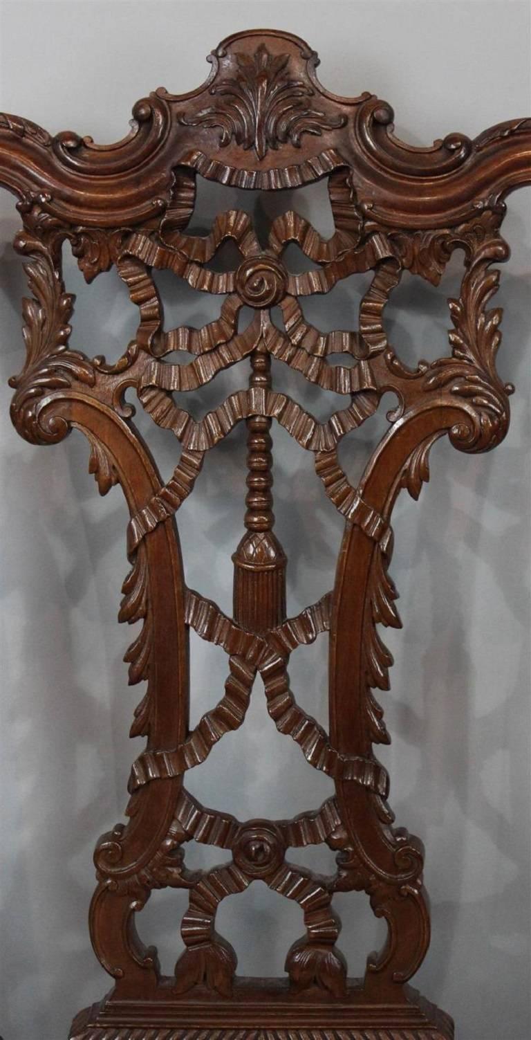 English Rare Set of Eight Carved Mahogany Chippendale Style Ribbon Back Dining Chairs For Sale