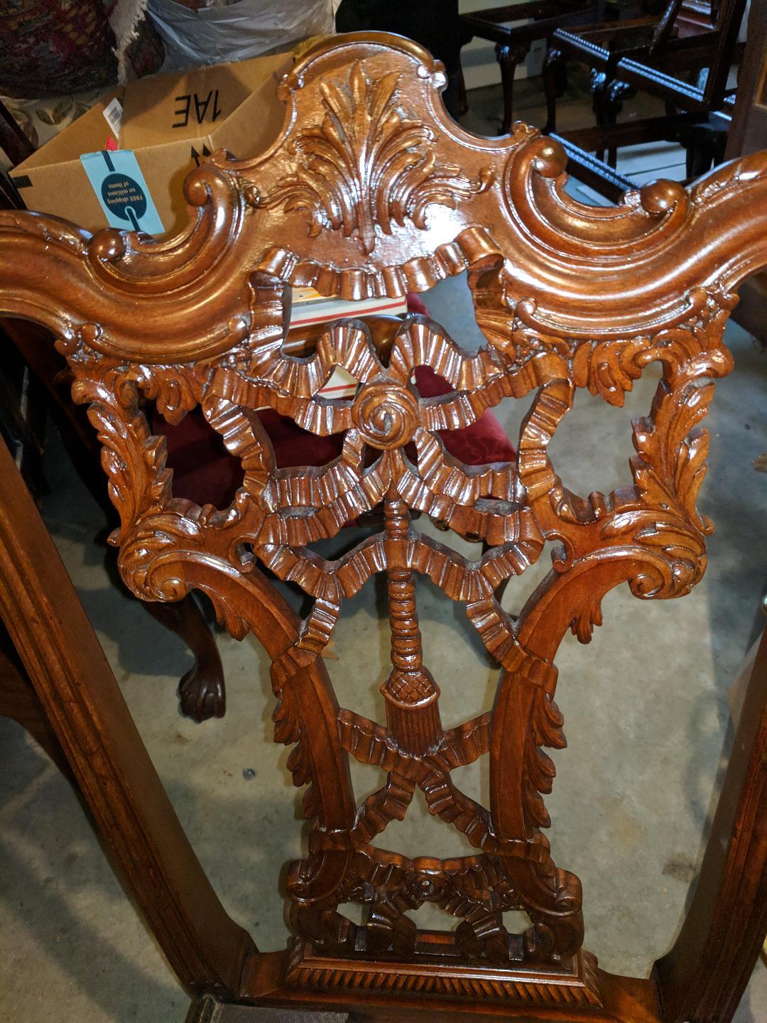 Rare Set of Eight Carved Mahogany Chippendale Style Ribbon Back Dining Chairs In Good Condition For Sale In Bridgeport, CT