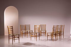Set of eight chairs in beech and rope, by Colombo Sanguineti, Italy, 1950s