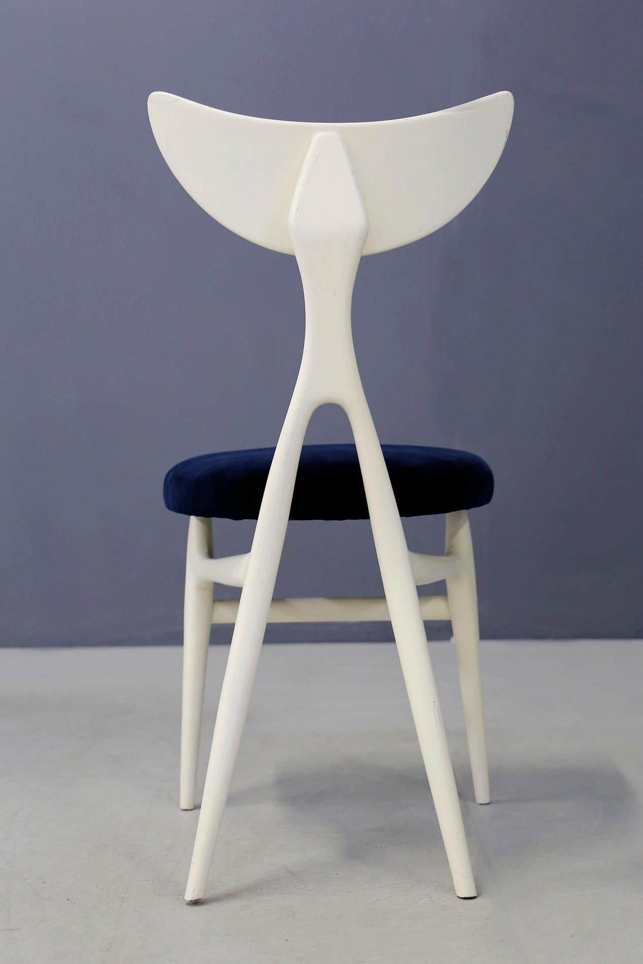 Velvet Set of Eight Chairs Midcentury by Ennio Canino in White and Blue Published, 1954