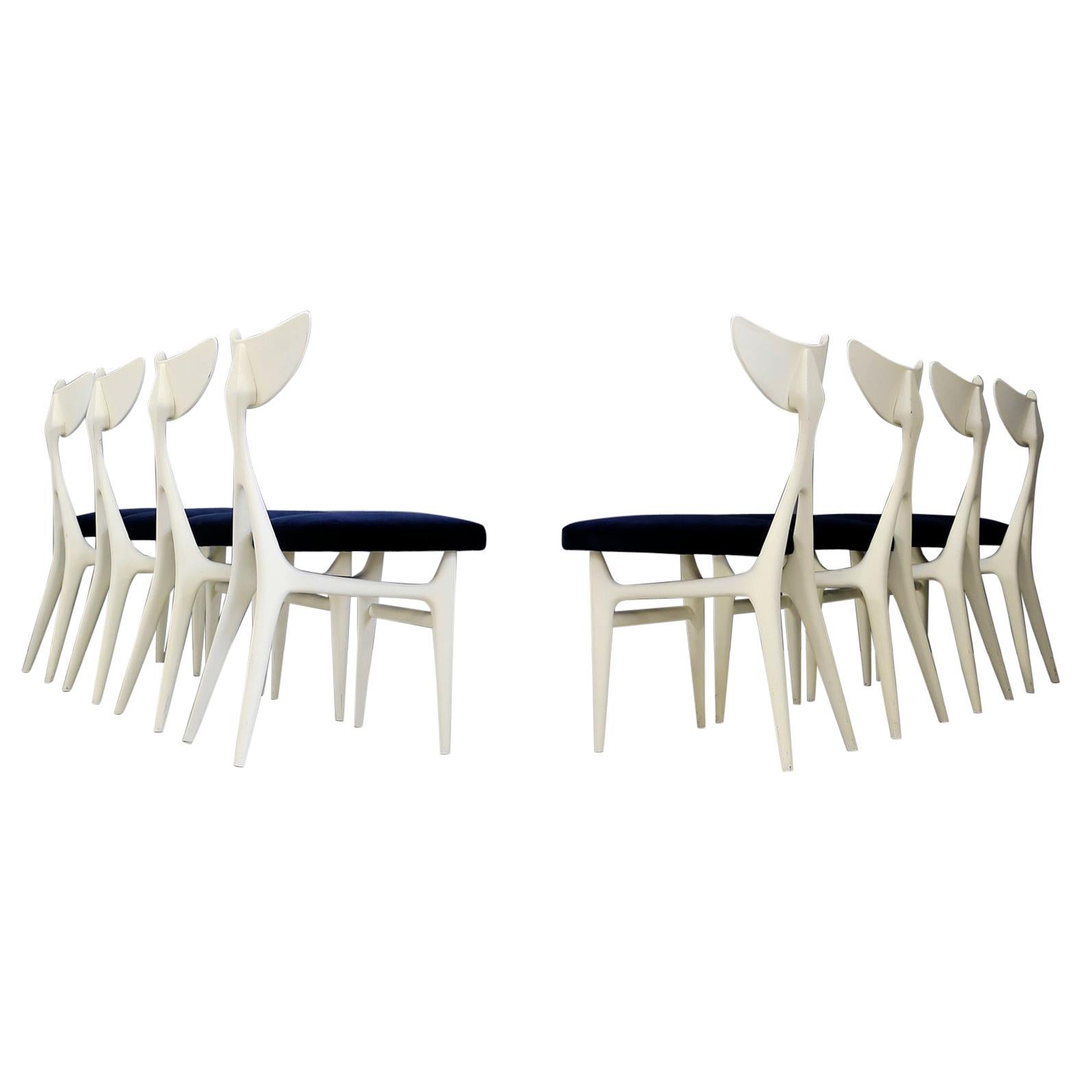 Set of Eight Chairs Midcentury by Ennio Canino in White and Blue Published, 1954