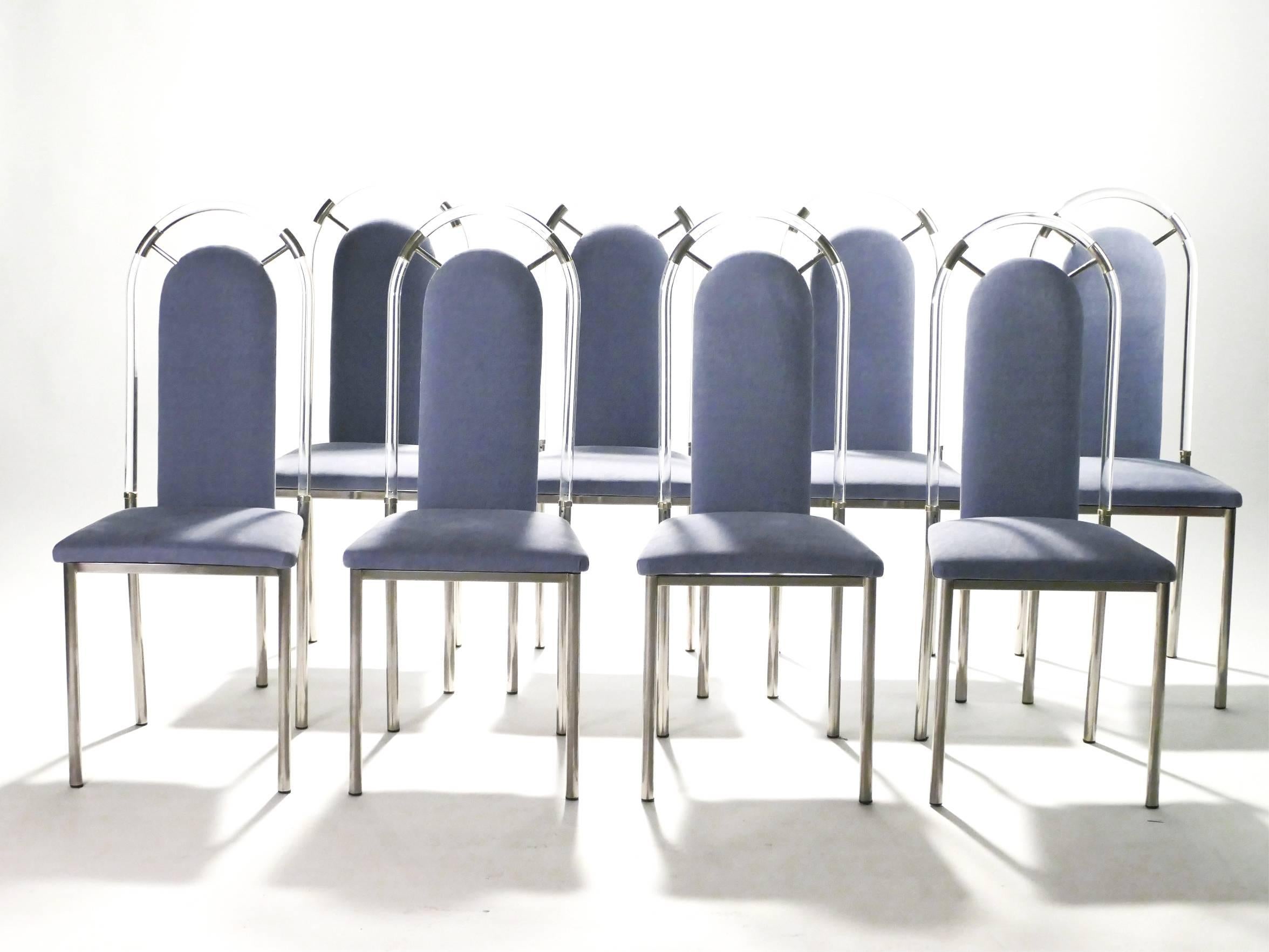 Mid-Century Modern Set of Eight Chairs Plexiglass and Gunmetal by Maison Jansen, 1970s