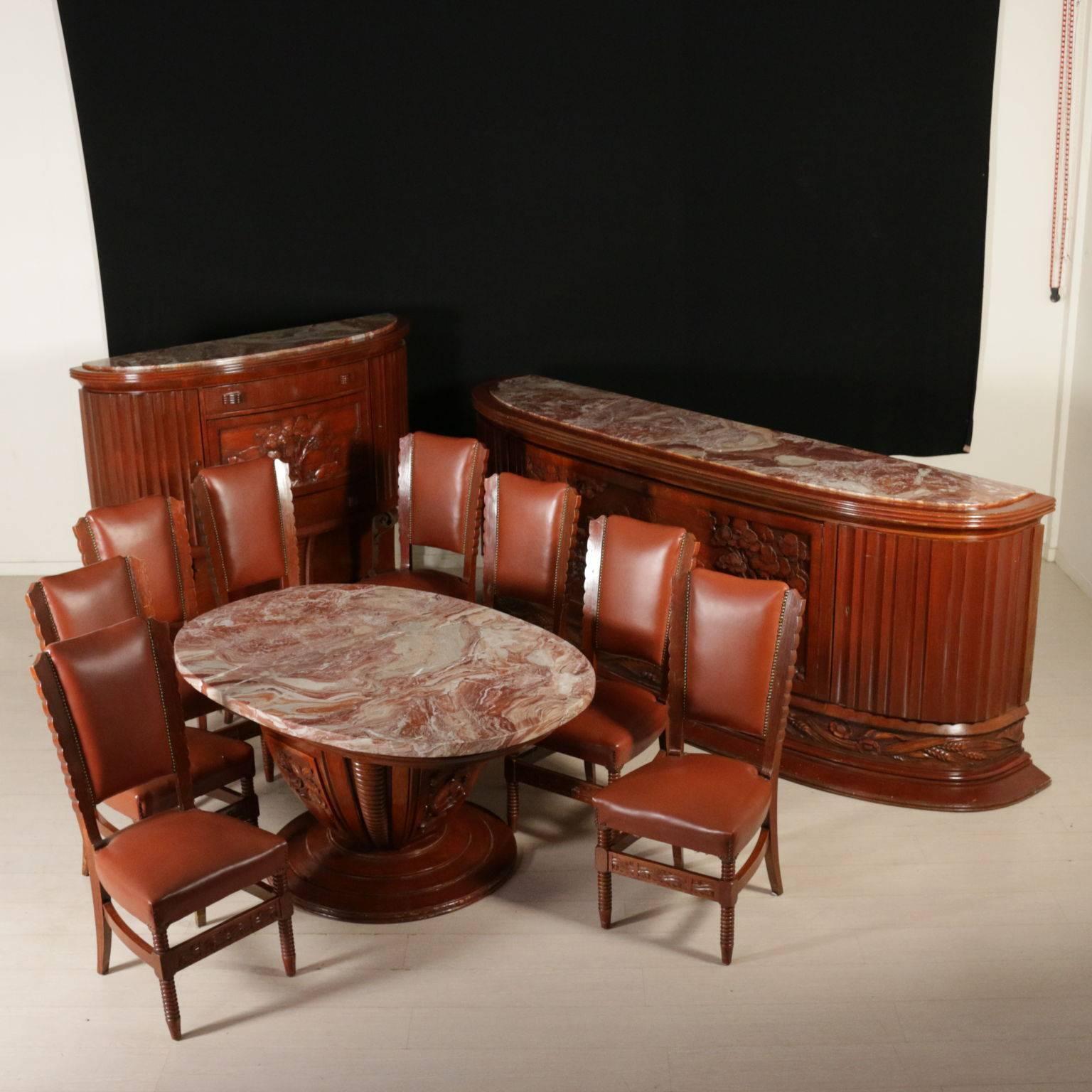 Set of Eight Chairs Stained Beech Leatherette Vintage, Italy, 1950s 6