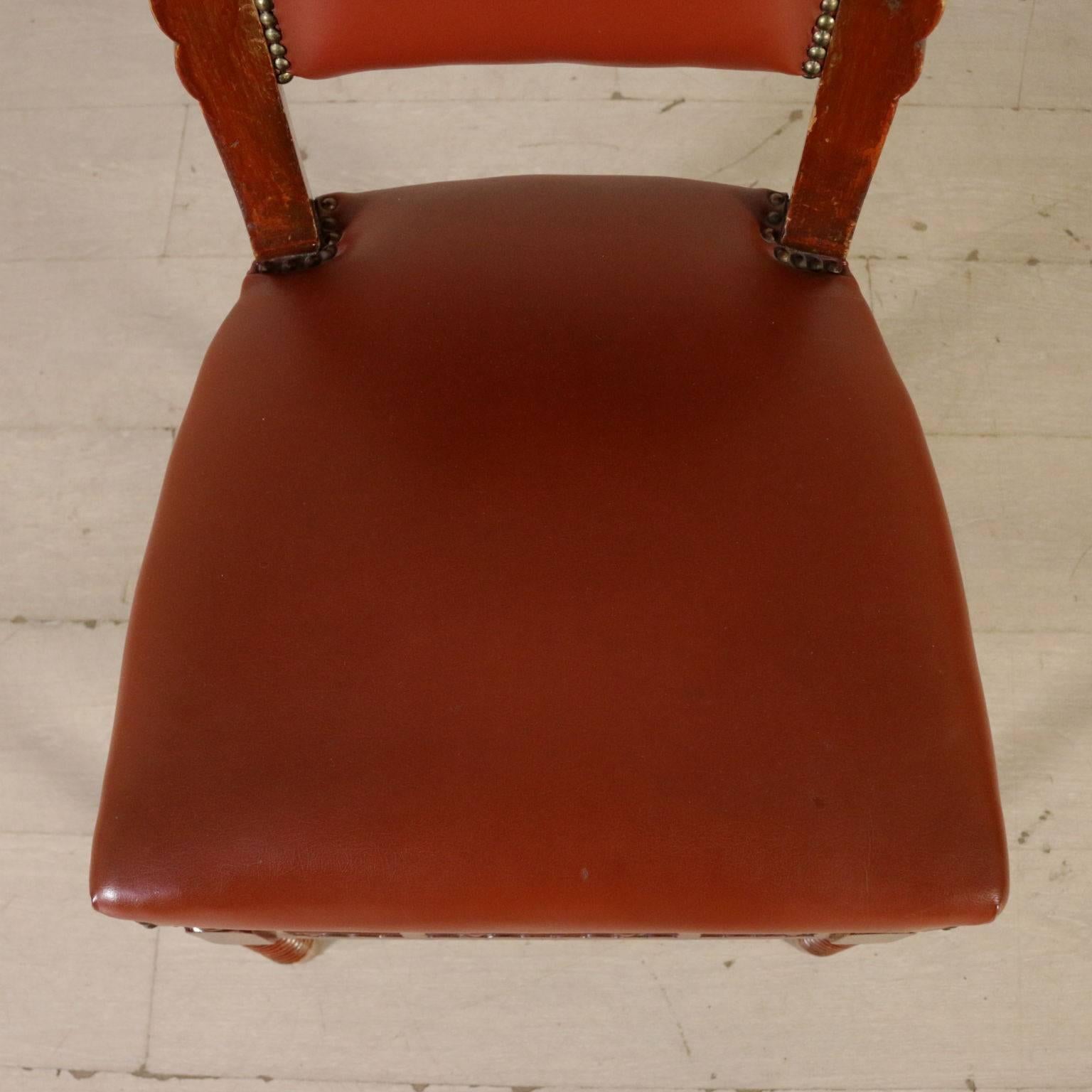 Mid-20th Century Set of Eight Chairs Stained Beech Leatherette Vintage, Italy, 1950s