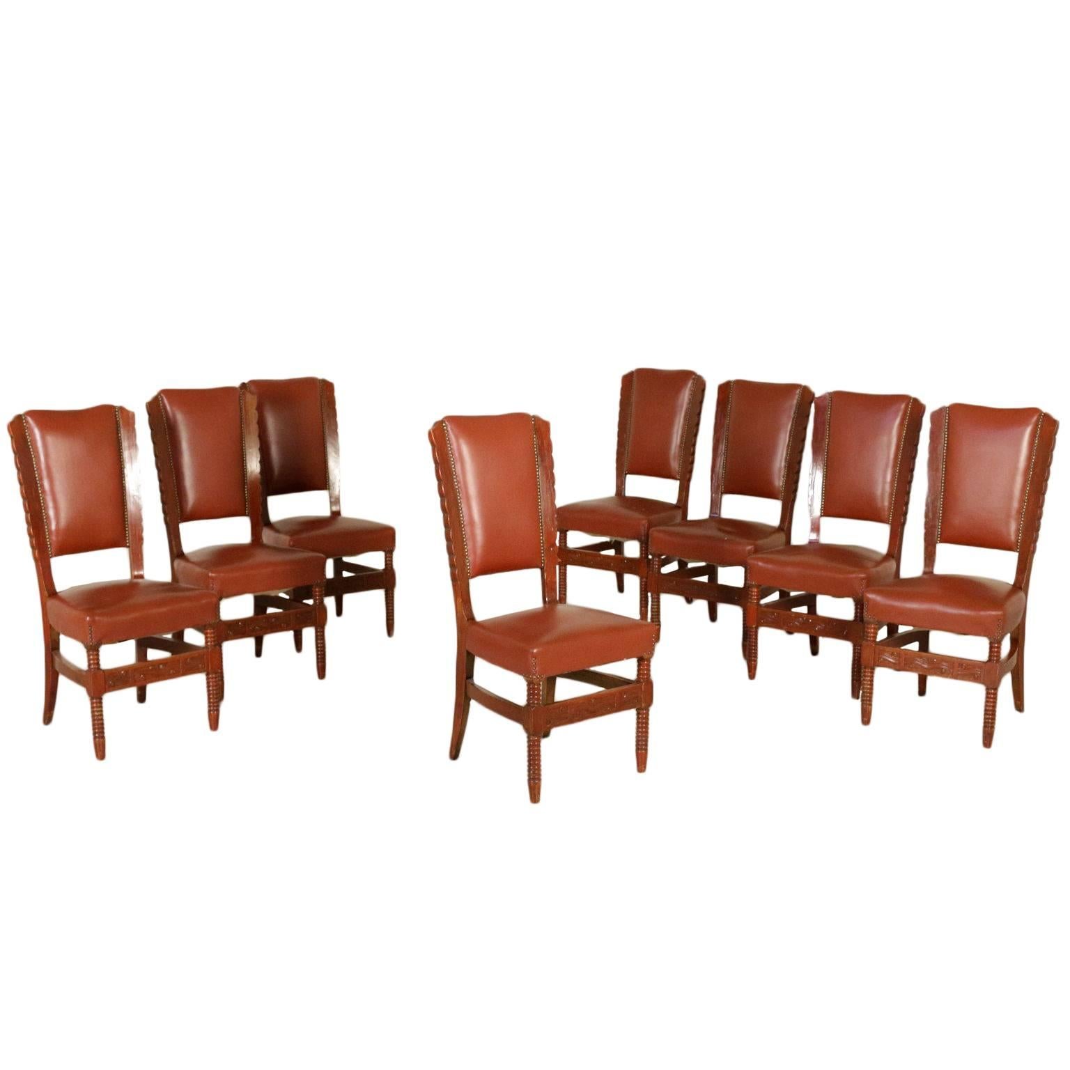 Set of Eight Chairs Stained Beech Leatherette Vintage, Italy, 1950s