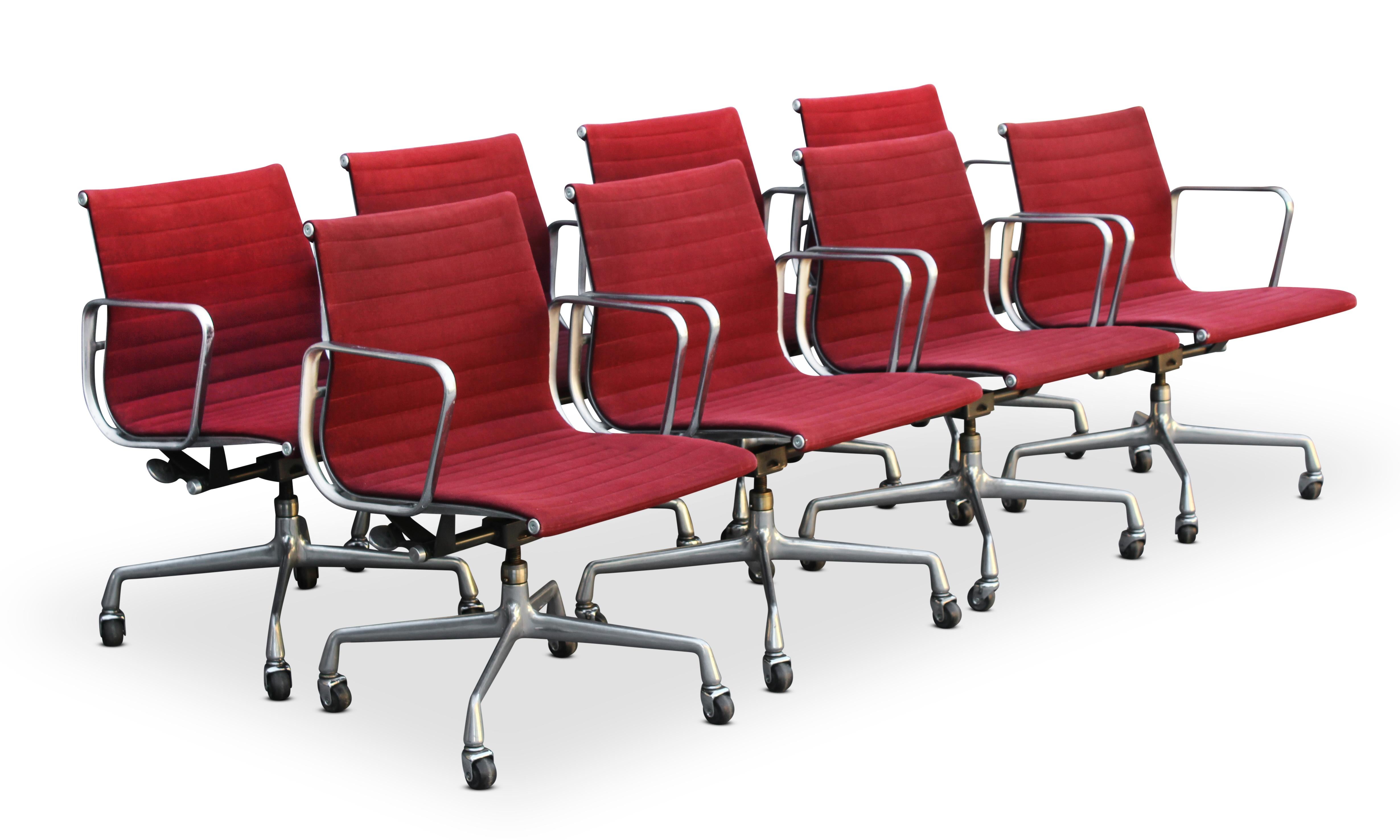 Mid-Century Modern Set of Eight Charles Eames Herman Miller Aluminum Group Office Chairs, Burgundy