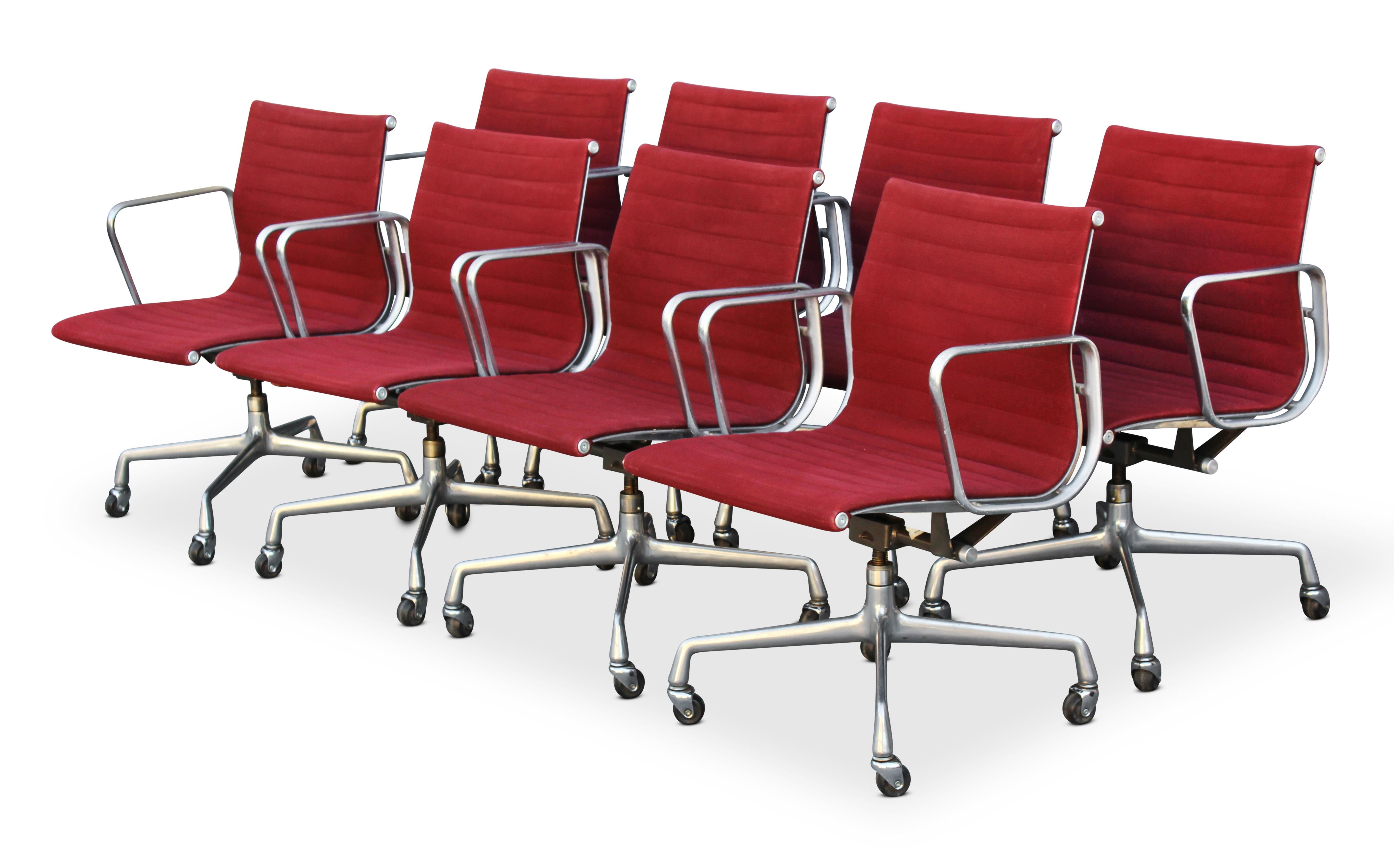 American Set of Eight Charles Eames Herman Miller Aluminum Group Office Chairs, Burgundy