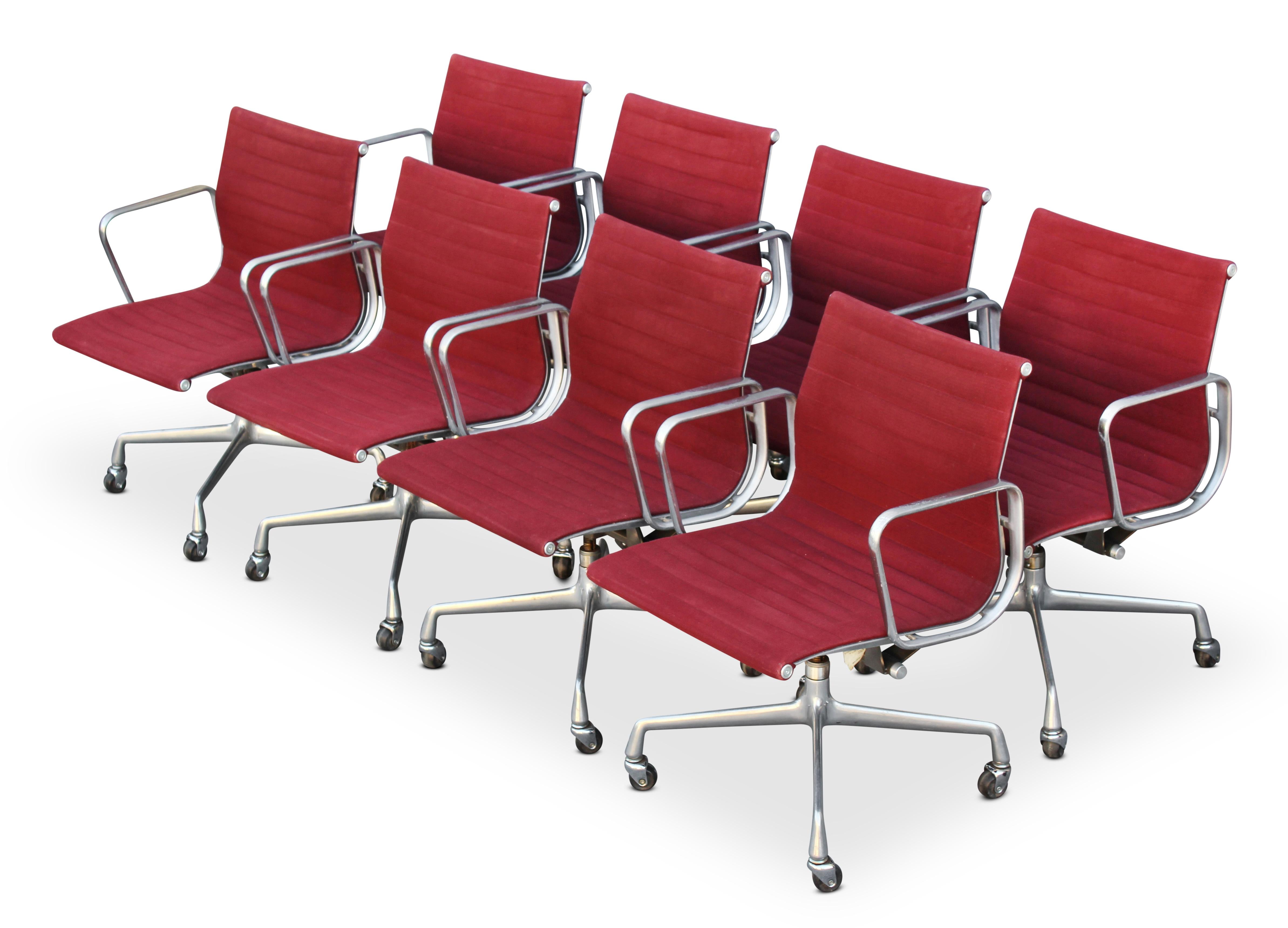 Polished Set of Eight Charles Eames Herman Miller Aluminum Group Office Chairs, Burgundy