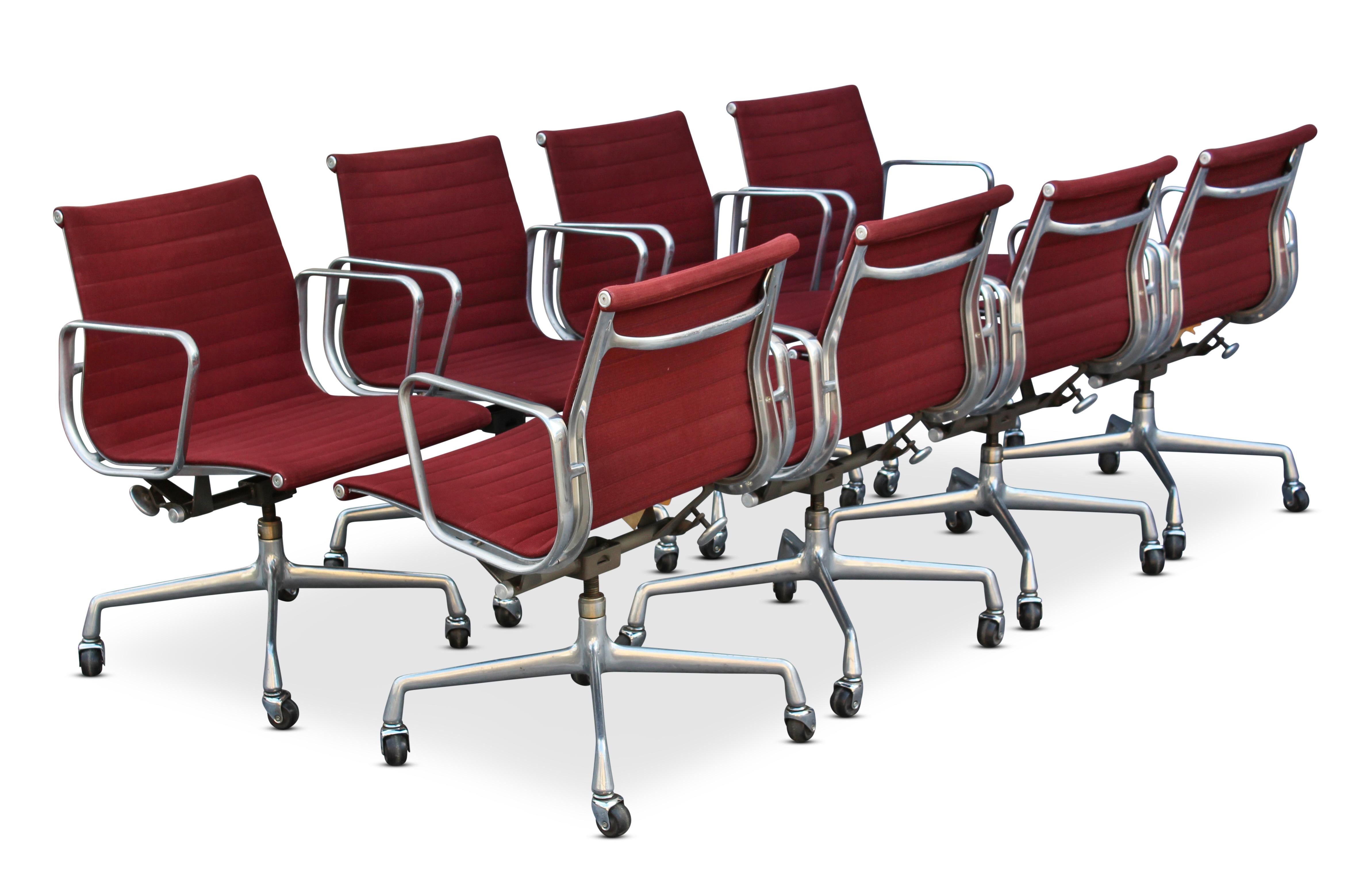 Late 20th Century Set of Eight Charles Eames Herman Miller Aluminum Group Office Chairs, Burgundy
