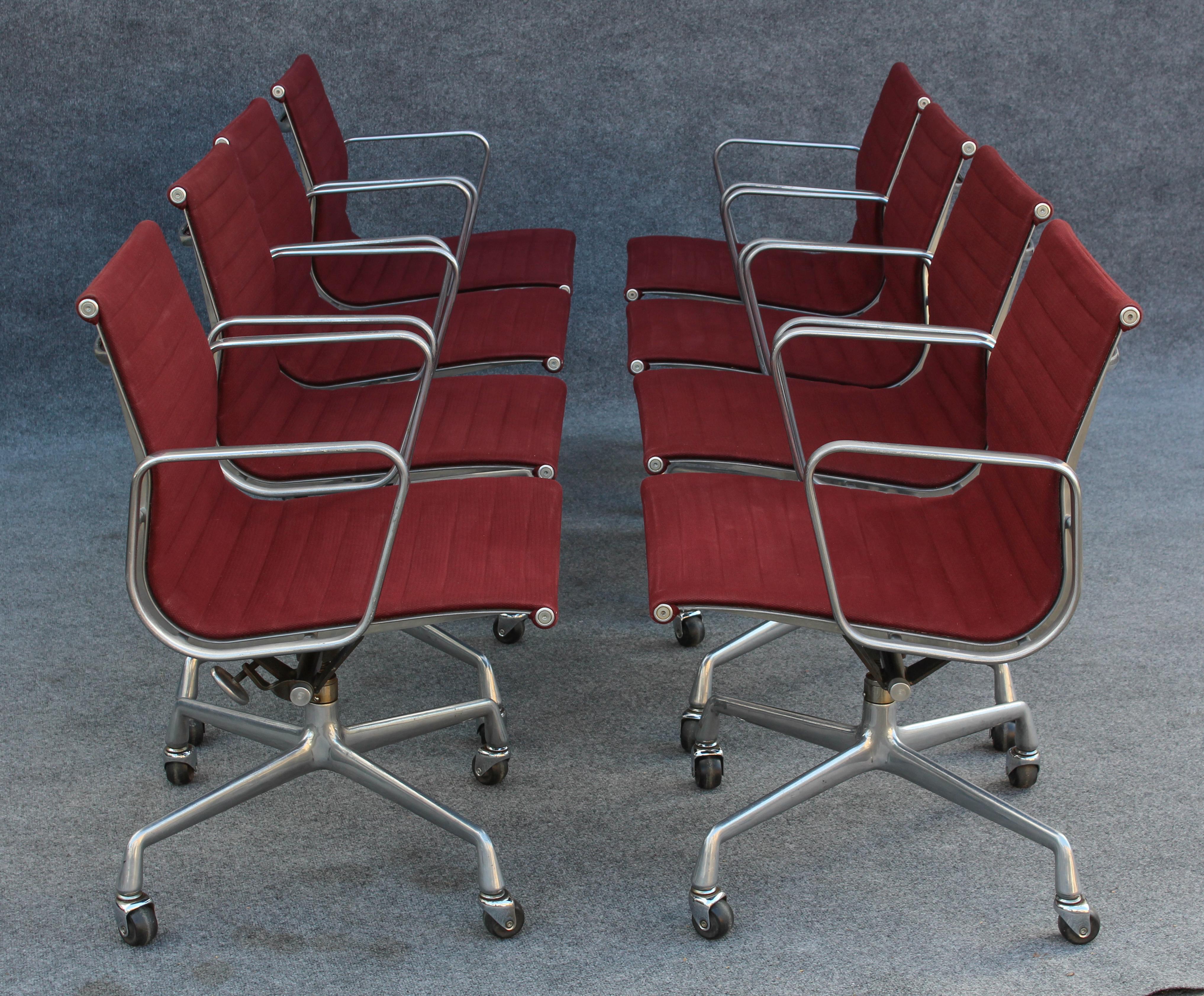 Set of Eight Charles Eames Herman Miller Aluminum Group Office Chairs, Burgundy 1