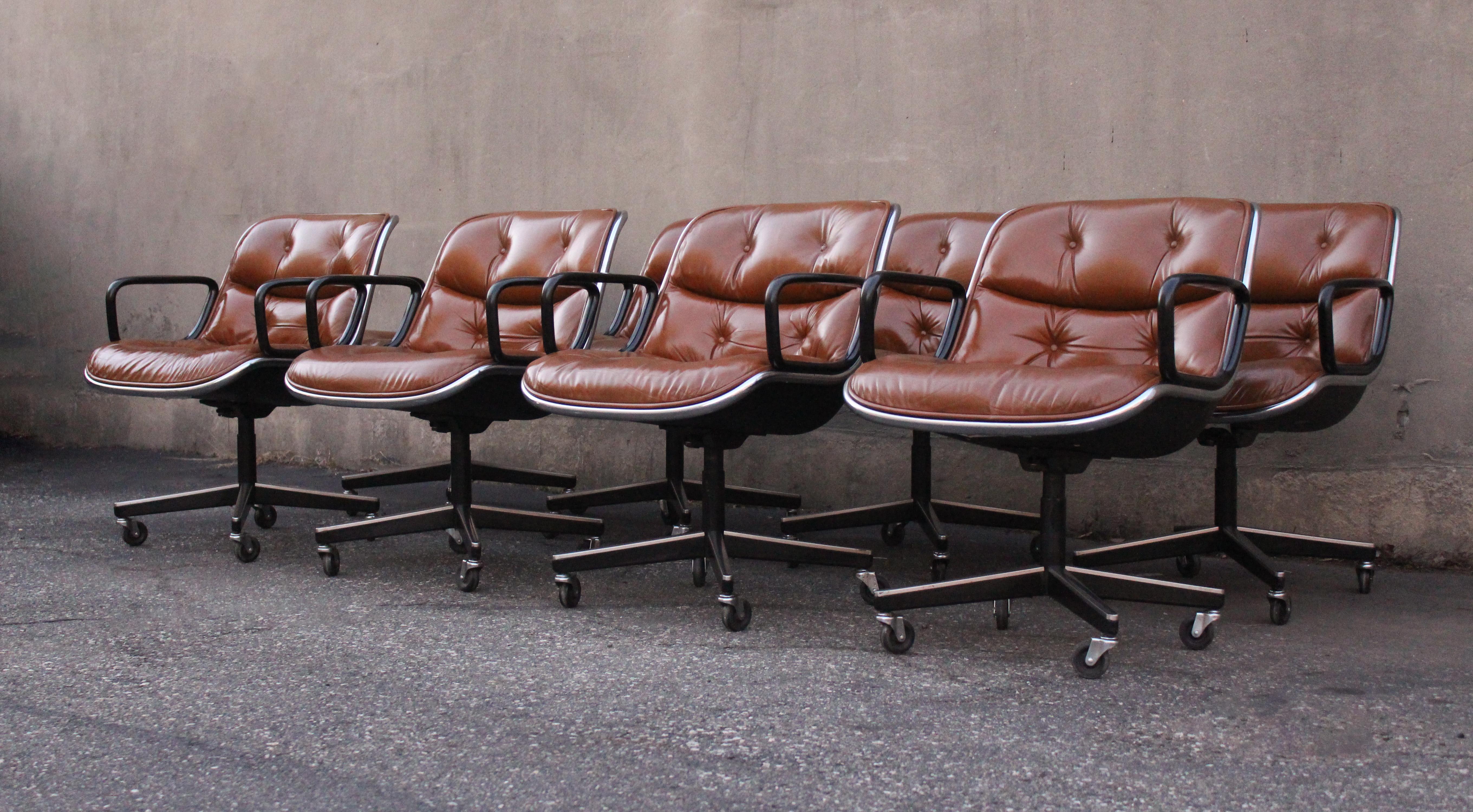 Set of Eight Charles Pollock for Knoll Armchairs in Chrome & Brown Leather MCM 3